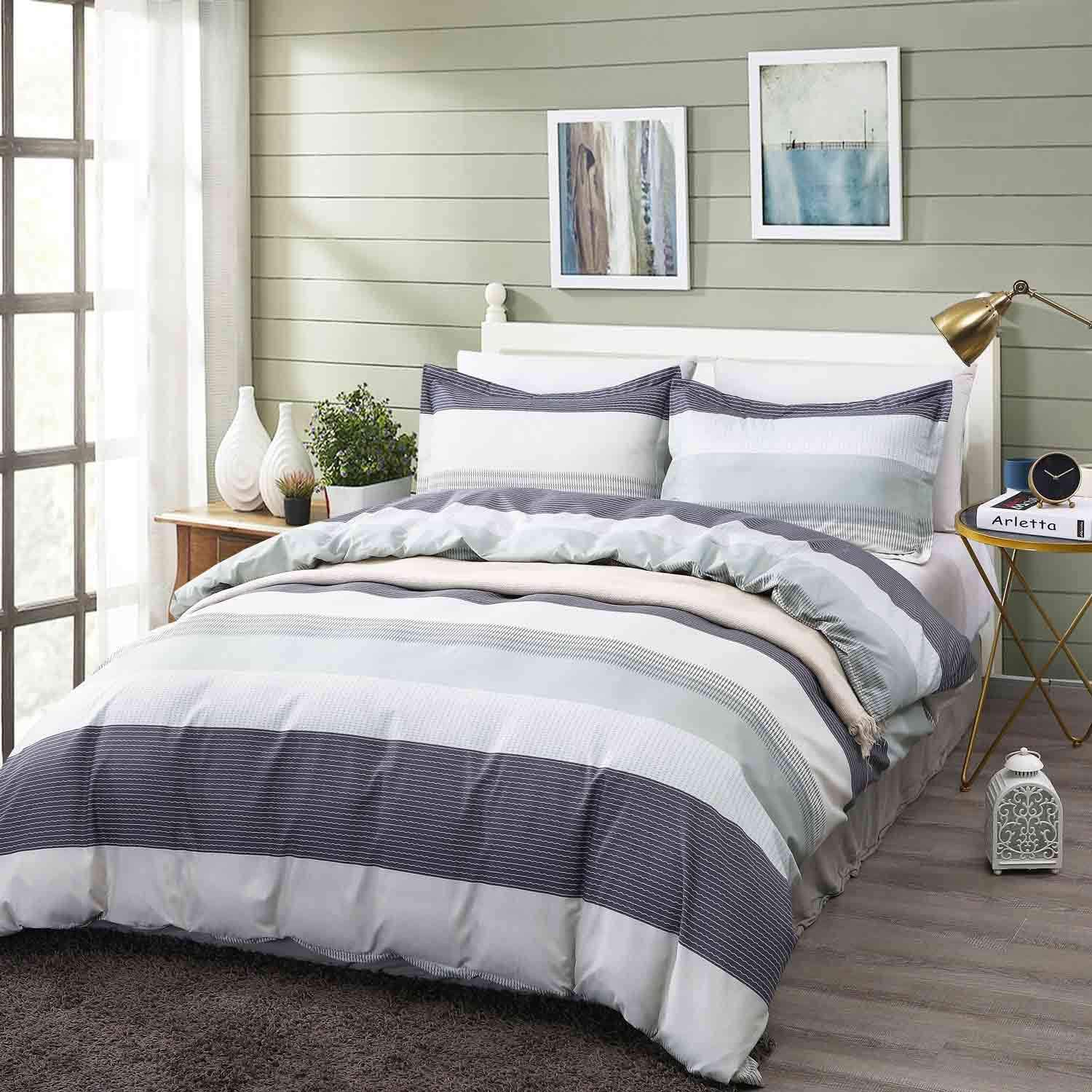 Price:$29.99  Queen Duvet Cover Set Gray Mint Green Striped Pattern Printed 3pc 90x90 Luxury Microfiber Down Comforter Quilt Bedding Cover with Zipper Closure Ties - Modern for Men and Women Chambray : Home & Kitchen