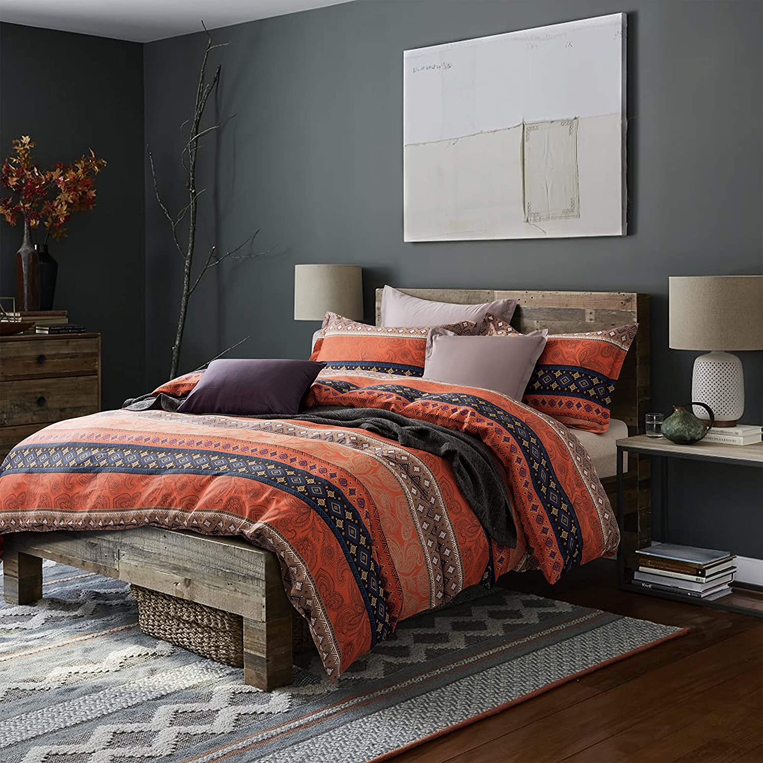 Price:$118.80  Duvet Cover Striped Ethnic Boho Reversible Southwestern 400TC Cotton King Size Bedding 3pc Set Navy White Orange Modern Geo Aztec Print (Super King) : Home & Kitchen