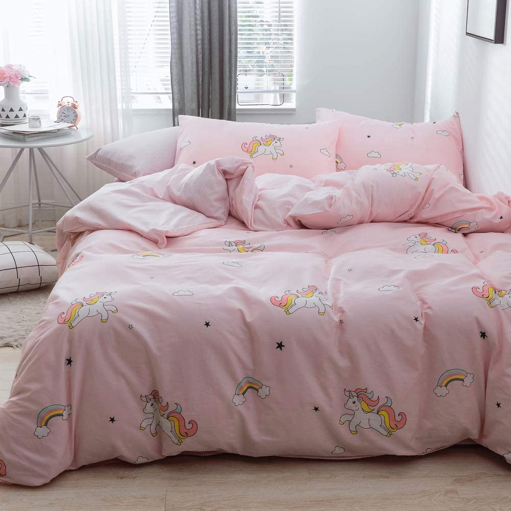 Price:$48.99  Unicorn Duvet Cover Set Twin, 100% Cotton Bedding, Cartoon Unicorn Rainbow Cloud Pattern Printed on Pink Reversible Striped, Cute Comforter Cover for Kids Teens Boys Girls, No Comforter : Home & Kitchen