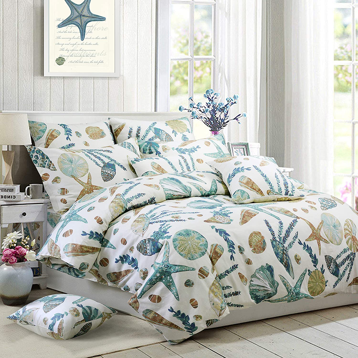 Price:$93.00  Duvet Cover Set Beach Themed Bedding Sets 100% Cotton Super Soft Coastal Bedding White Teal Seashells and Starfish Nautical Bedding with Hidden Zipper Closure 3 Pieces King/Cal King Size : Home & Kitchen