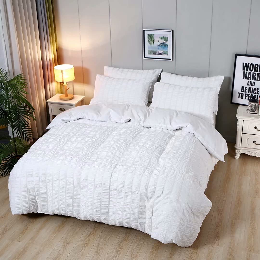 Price:$40.99  3 Pieces White Textured Duvet Cover Set,100% Washed Cotton Fabric, Seersucker Stripe Comforter Cover with Zipper Closure & Corner Ties,Queen Size(1 Duvet Cover 2 Pillowcases,90×90 Inches) : Home & Kitchen