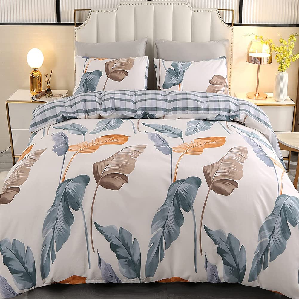 Price:$45.99  Cotton Duvet Cover Set King Size Cute Bohemia Leaves Print Comforter Covers Leaf Floral Colorful Bedding Set with 2 Pillowcases : Home & Kitchen