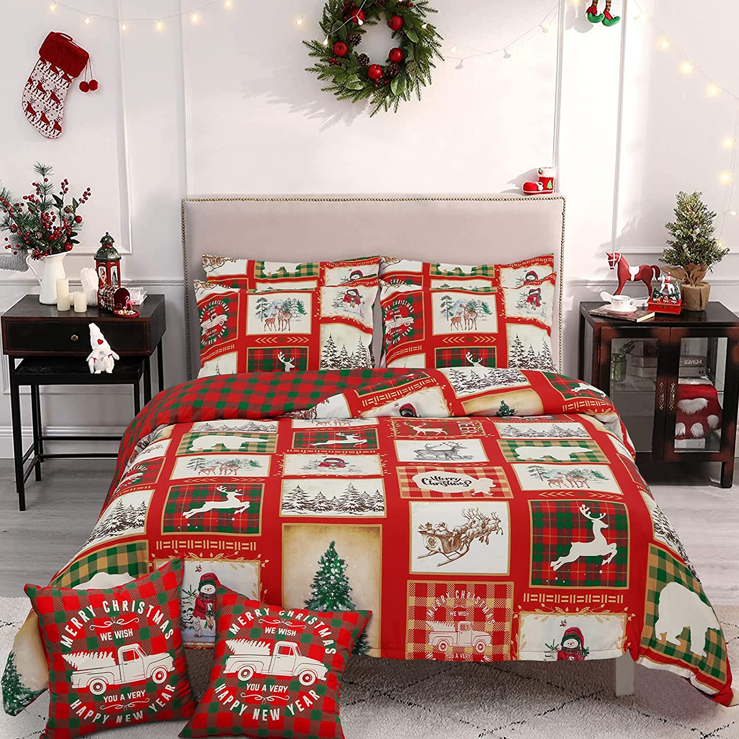 Price:$69.99  Duvet Cover Set King Snowflake  Tree Bedding Cover 5 Pcs Deer Snowman Comforter Cover Grid Quilt Cover with Zipper Closure(1 Duvet Cover, 2 Pillow Shams, 2 Throw Pillow Covers) : Home & Kitchen
