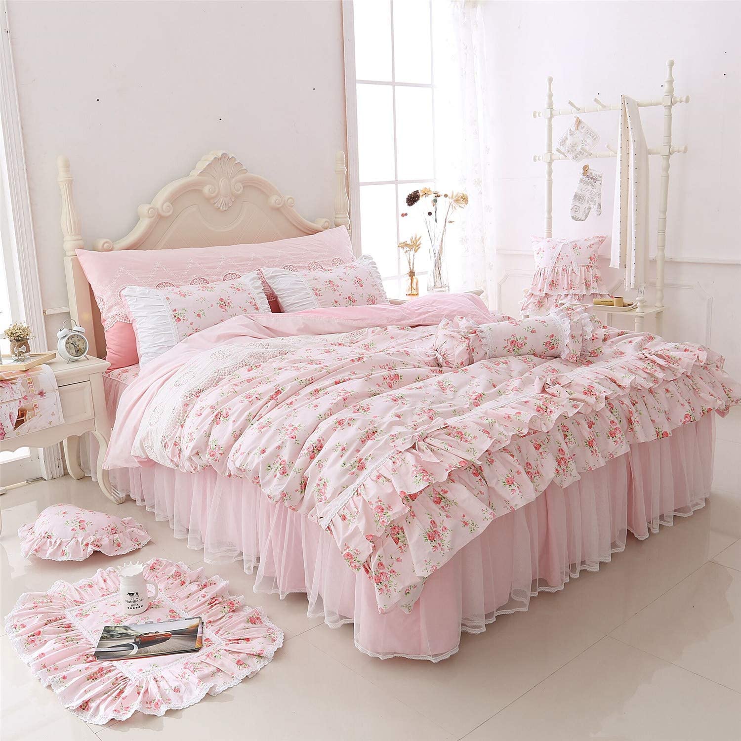 Price:$105.00  Romantic Roses Print Duvet Cover Set with Bed Skirt Pink Lace Ruffle Floral Shabby Chic Bedding Sets Full 4 Piece : Home & Kitchen