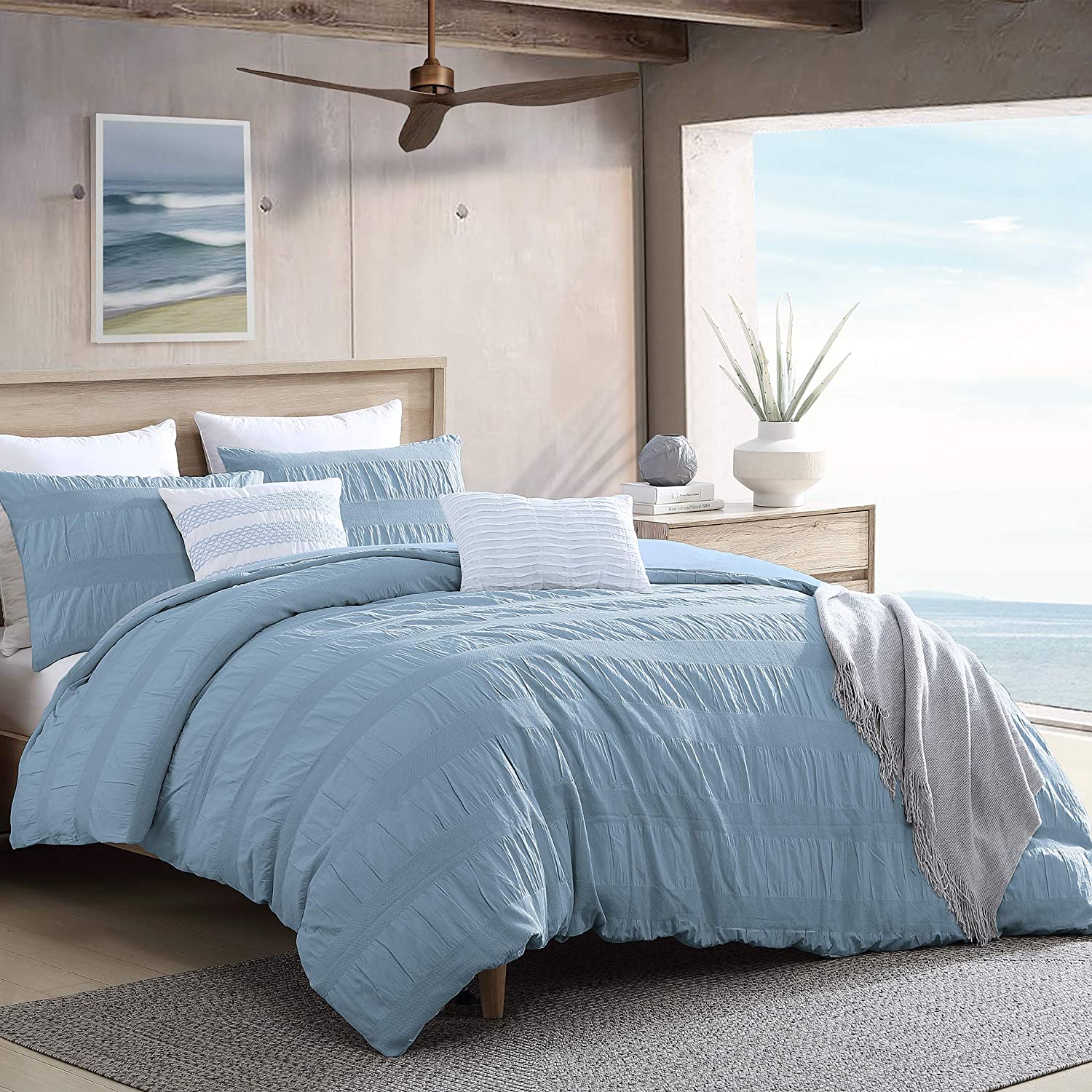 Price:$77.99  Home Moselle Cotton Ruched & Waffle Weave Duvet Cover Set , Oeko-Tex Certified, Button Closure, All Season - Blue, King/Cal King (104" x 92")(Comforter NOT Included) : Home & Kitchen