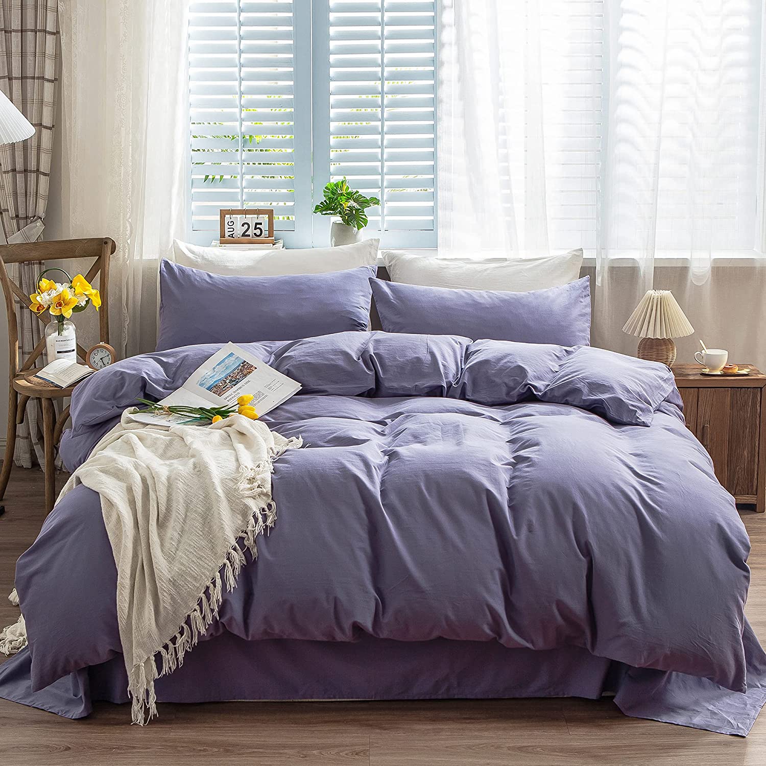 Price:$49.99  100% Natural Washed Cotton Duvet Cover Set Queen Size, Solid Color 1 Duvet Cover with 2 Pillow Shams, Machine Washable, Soft, Breathable with 8 Corner Ties & Zipper Closure(Deep Purple) : Home & Kitchen
