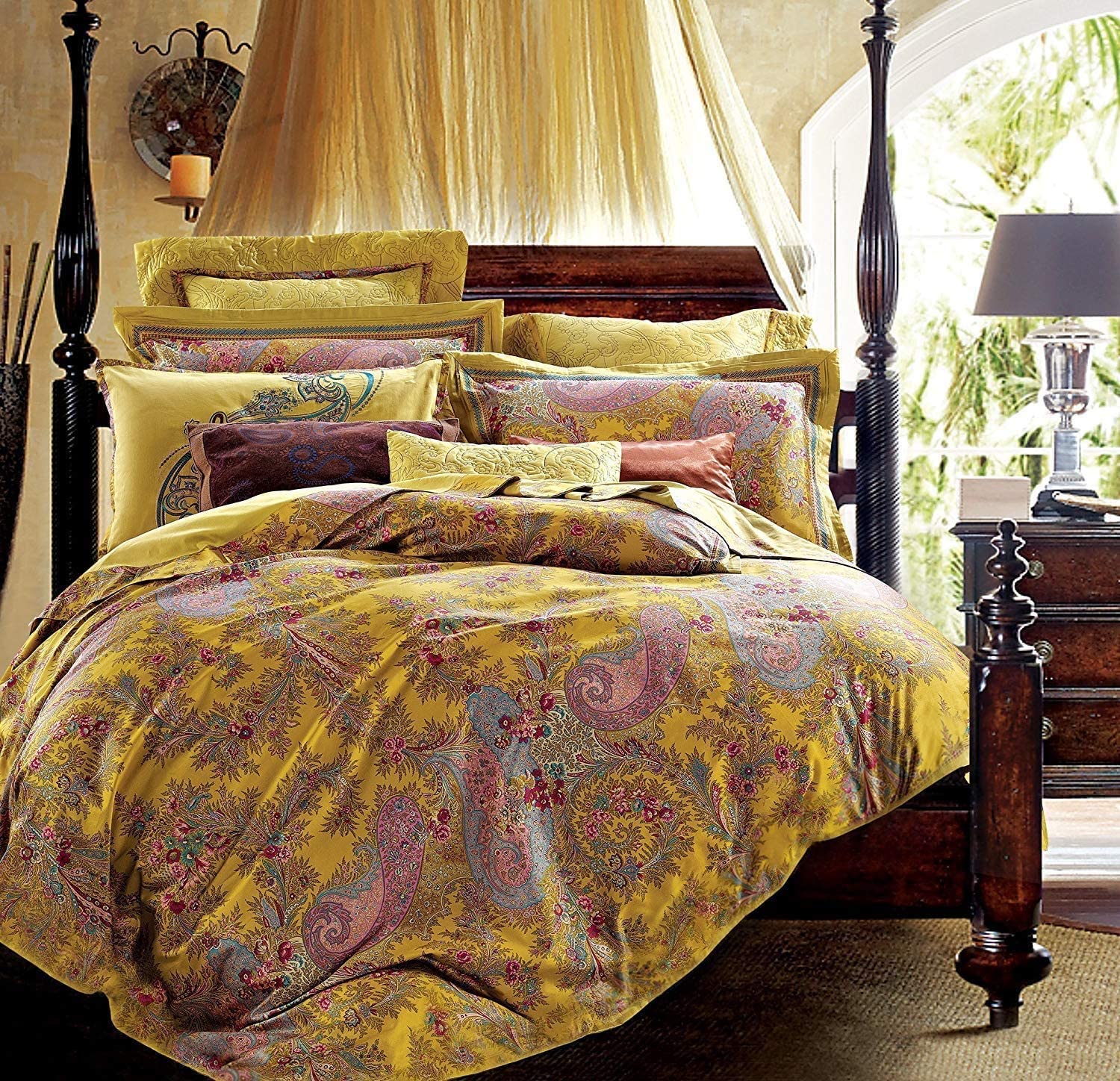 Price:$128.80  Paisley Duvet Cover 3pc Set Bohemian Bedding Boteh Damask Medallion 400TC Egyptian Cotton Sateen Luxury European Traditional Boho Style Bed Linen 120x98 (Mustard, Super King) : Home & Kitchen
