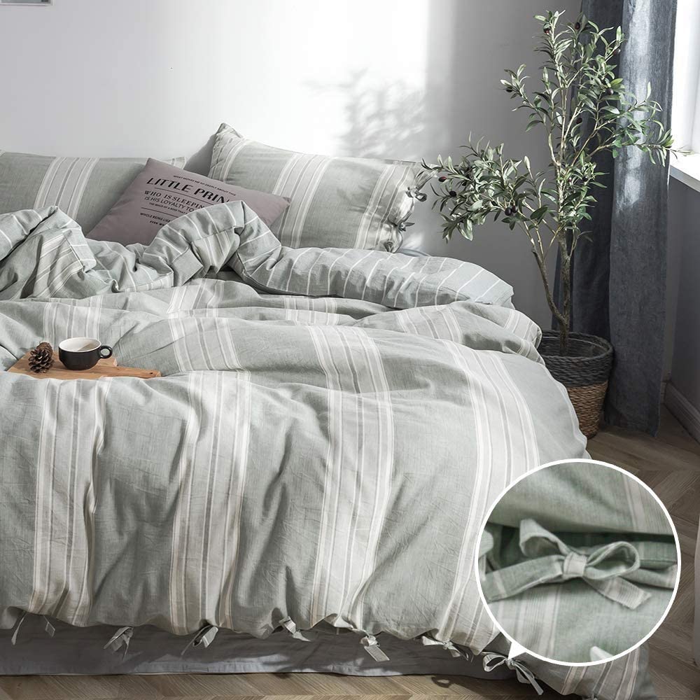 Price:$55.99  100% Washed Cotton Striped Duvet Cover Set 3pcs Bowknot Bow Ties Strap Design Reversible Soft Yarn Dyed Linen Feel Chic Country Bedding (Queen, Grayish Green) : Home & Kitchen