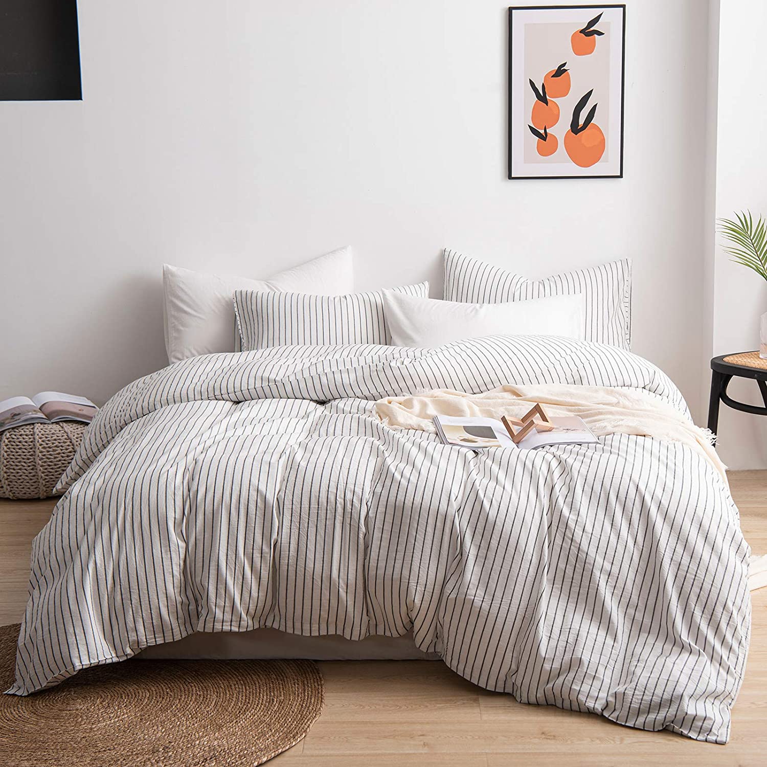 Price:$69.99  100% Washed Cotton Duvet Cover Comfy Simple Style Solid Color Soft Breathable Textured Durable Linen Feel Bedding Sets for All Seasons Queen Size, White & Black Stripes : Home & Kitchen