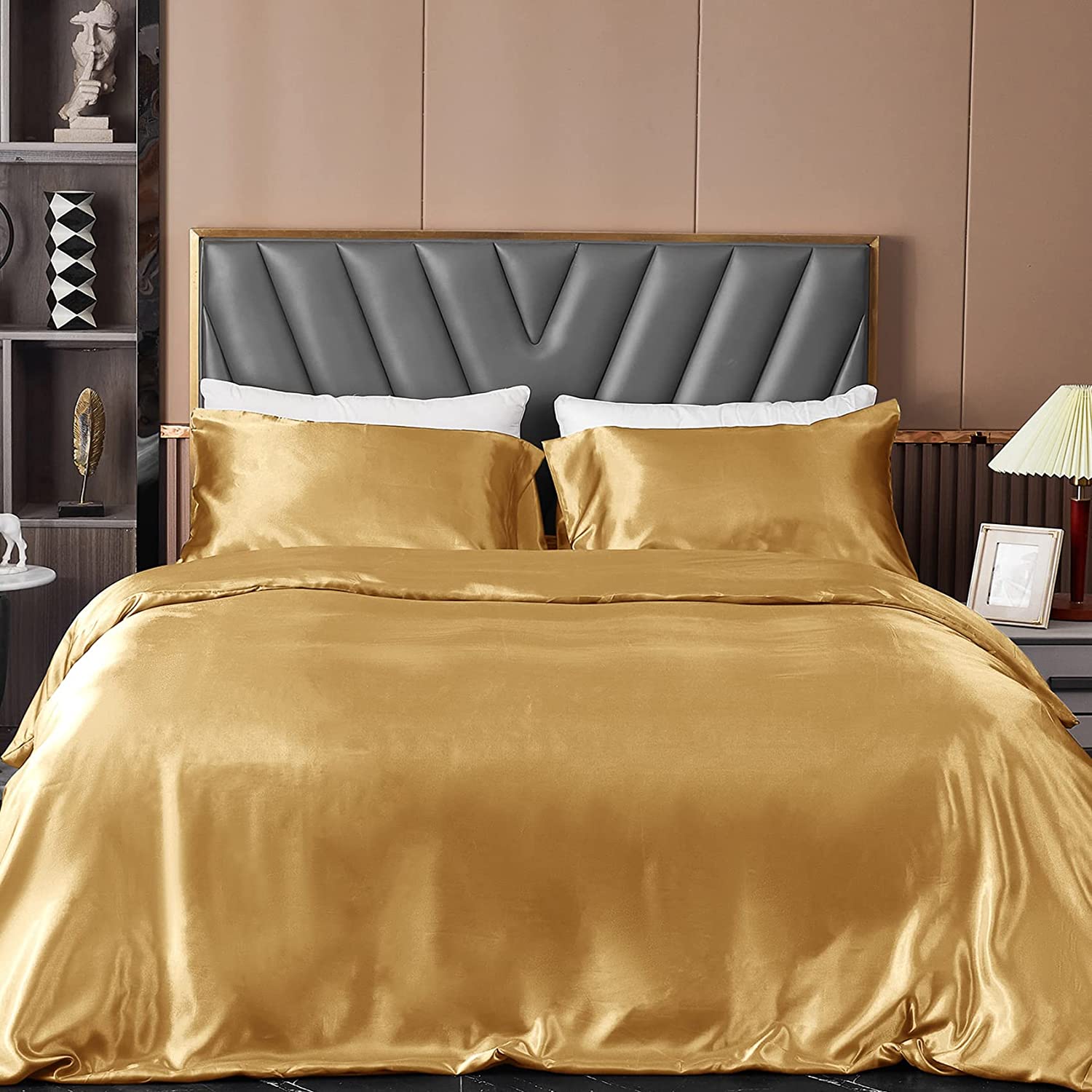 Price:$28.99  Satin Duvet Cover Set King Size,Luxury Silky Super Soft Bedding Sets with Zipper Closure-Resistant Wrinkle Free (King,Gold,1 Duvet Cover +2 Pillowcase) : Everything Else