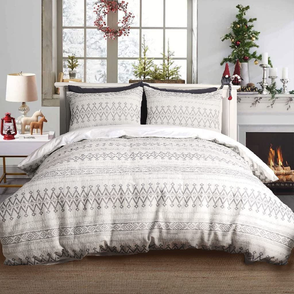Price:$56.99  100% Cotton Jacquard Duvet Cover Queen Size - Boho Textured Silver Sparkle Decor Christmas Bedding Set Yarn-Dyed Geometric Comforter Cover for All Season, Cream and Gray : Home & Kitchen