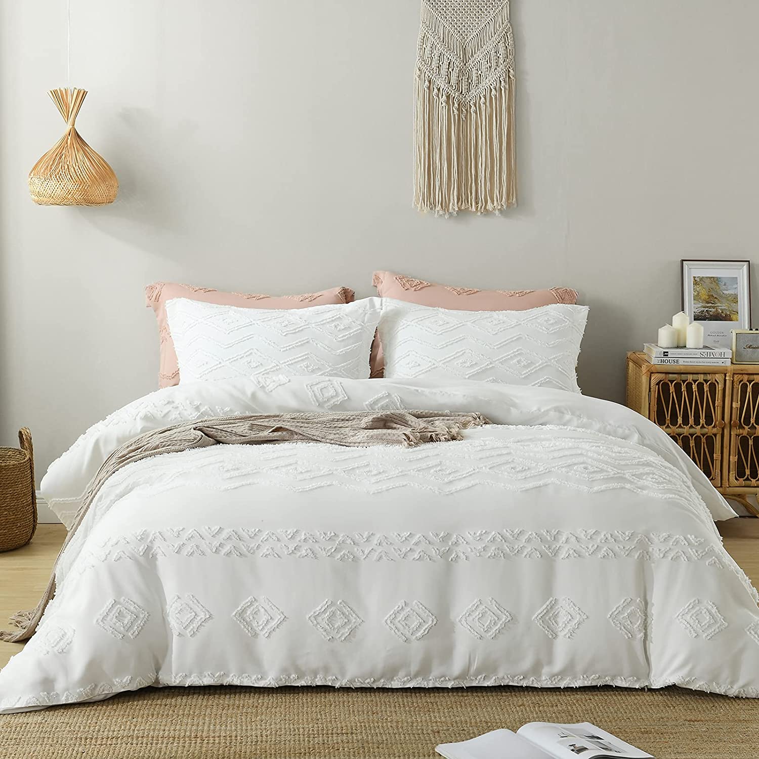 Price:$43.99  Tufted Duvet Cover Set King Size, 3 PCS Soft Microfiber Boho Chic Embroidery Bedding Set with 2 Pillowcases Durable Lightweight Comforter Set for All Seasons( White,90''x104'',No Comforter) : Home & Kitchen