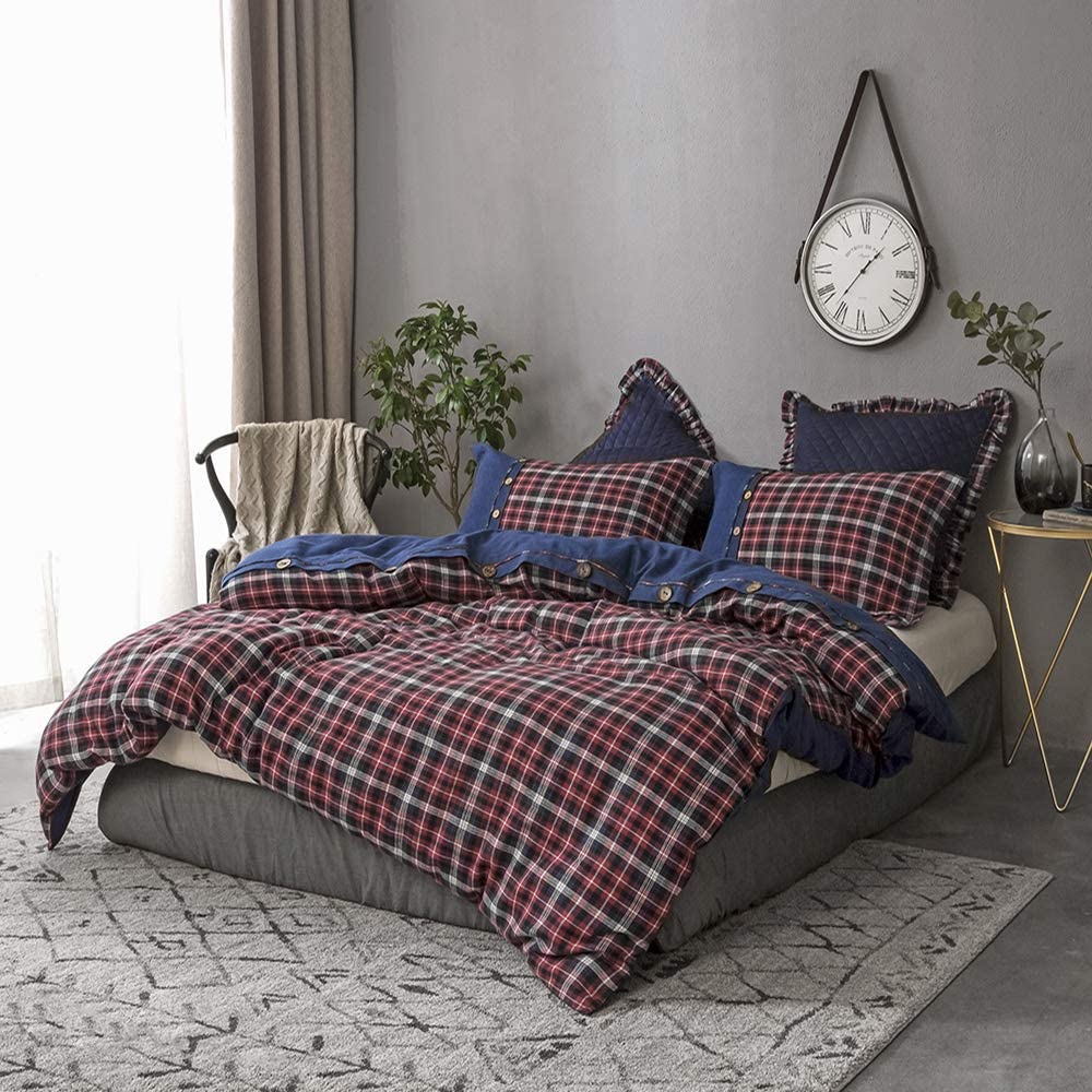 Price:$69.99  100% Cotton and Flannel Duvet Cover Set, Blue and Red Grid Denim, 3 Piece Bedding Set Including 1 Comforter Cover and 2 Pillow Shams, Soft and Comfortable(King, Blue and Red)