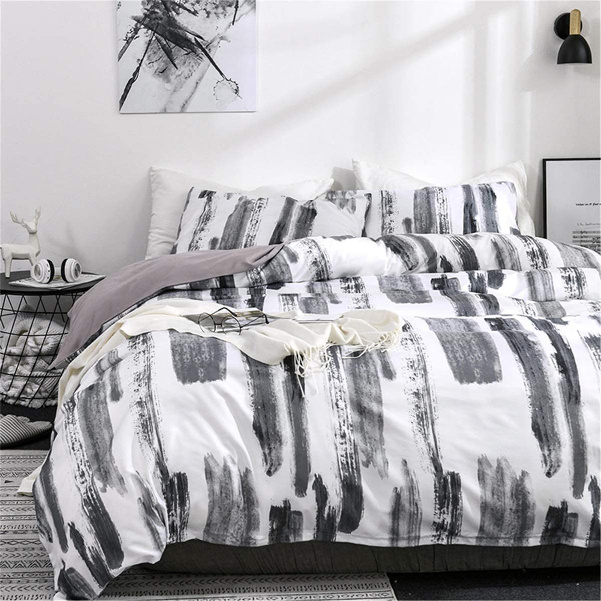 Price:$28.99  A & S Art Abstract Duvet Cover Set Twin Size Grey and White Ink Pattern Bedding Set Stripe Comforter Cover Grey for Women and Men with Zipper Ties : Home & Kitchen