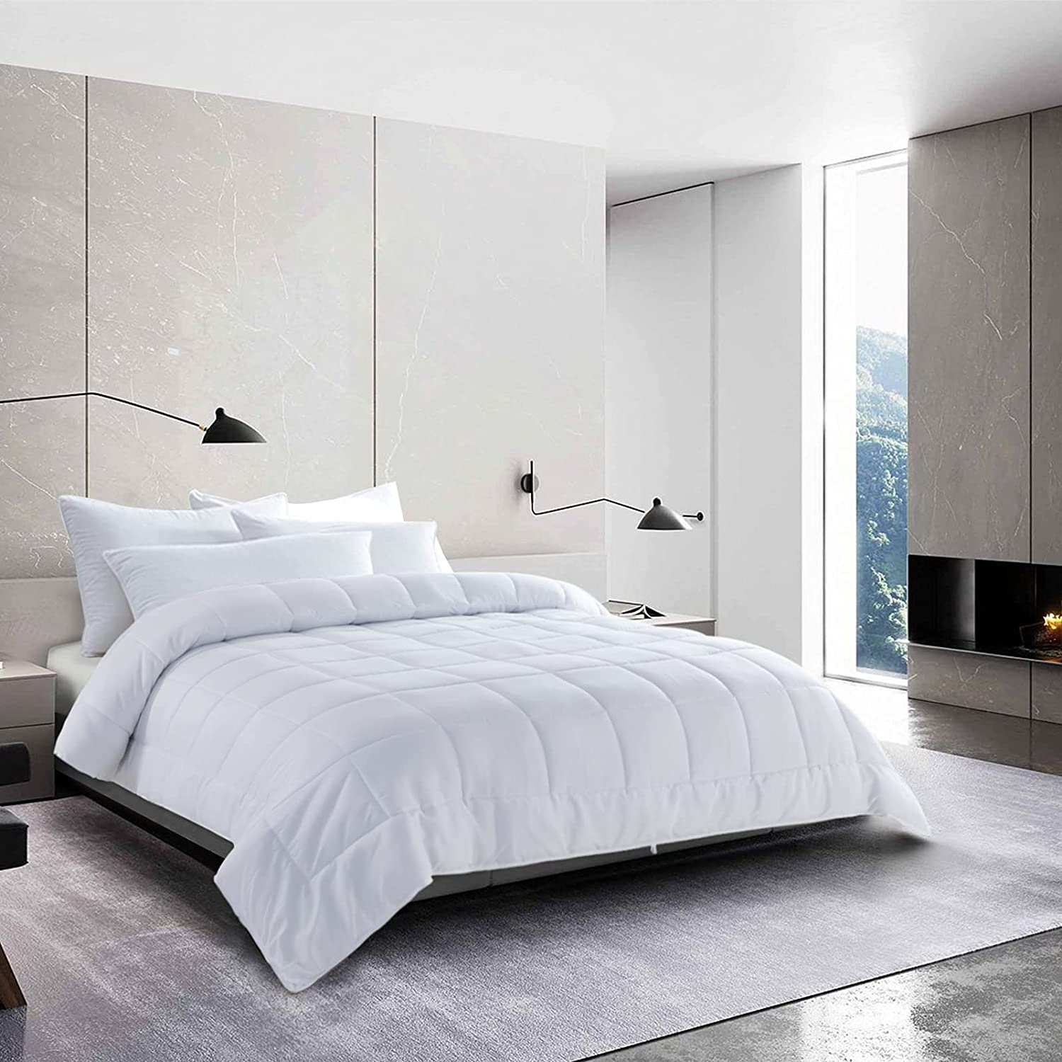 Price:$78.99  All Season Oversized Comforter (120” x 120”), Oversized King Plus Down Alternative Comforter, Duvet Insert, White Lightweight Comforter with 8 Corner Ties, Tug-of-War-Proof : Home & Kitchen