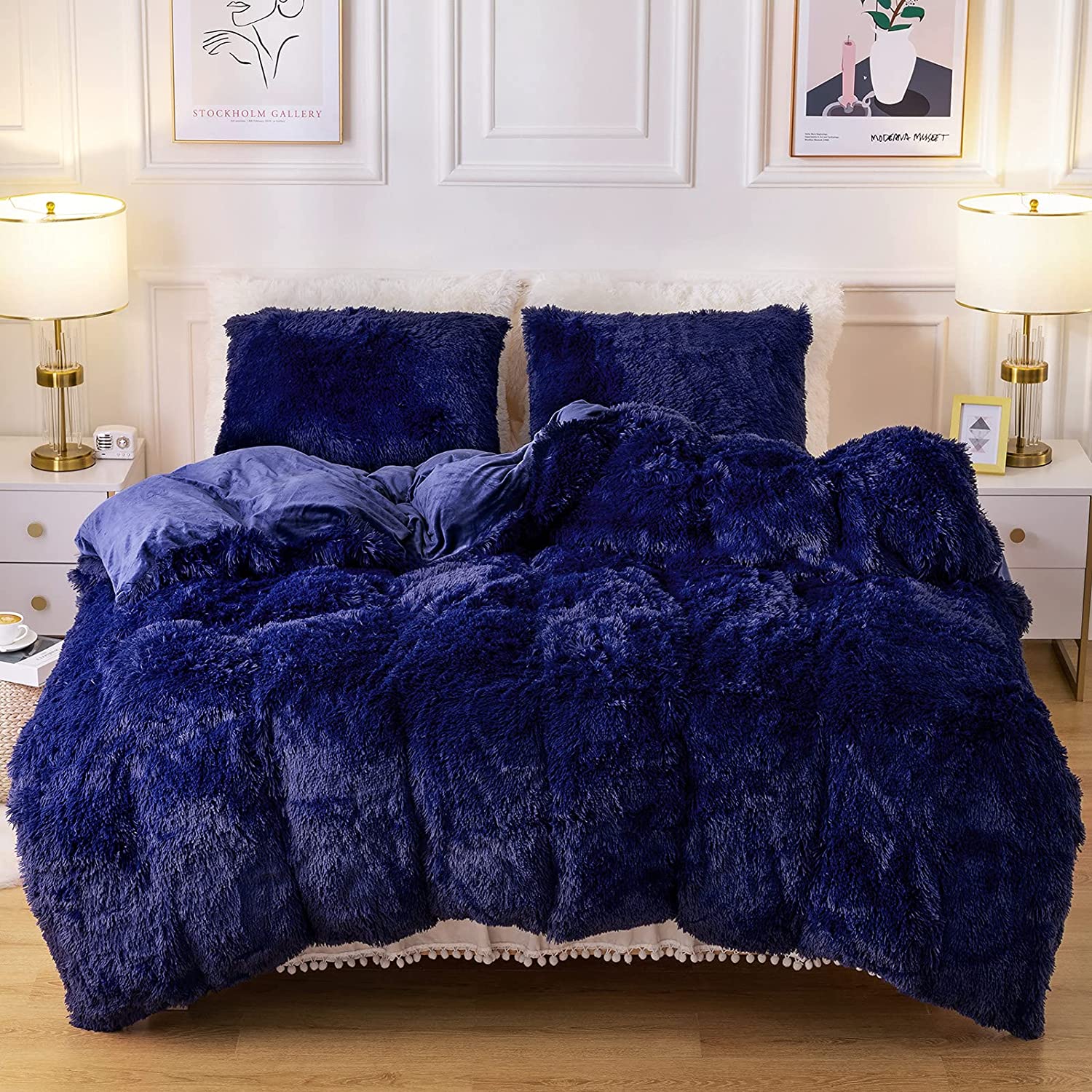 Price:$46.99  Fluffy Duvet Cover Oeko-TEX Certified Luxury Ultra Soft Shaggy Crystal Velvet Bedding Set 3 Pieces(1 Duvet Cover + 2 Pillow Shams) Zipper Closure(King, Navy Blue) : Home & Kitchen