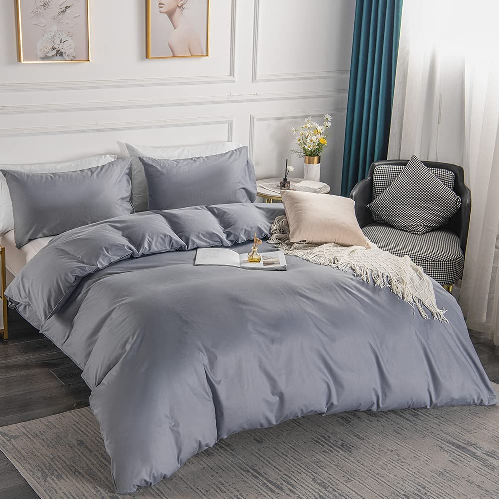 Price:$32.99  Gray Duvet Cover Queen, 100% Washed Cotton 3-Piece Duvet Bedding Set.1 Duvet Cover with 2 Pillowcases. (Gray, Twin) : Home & Kitchen