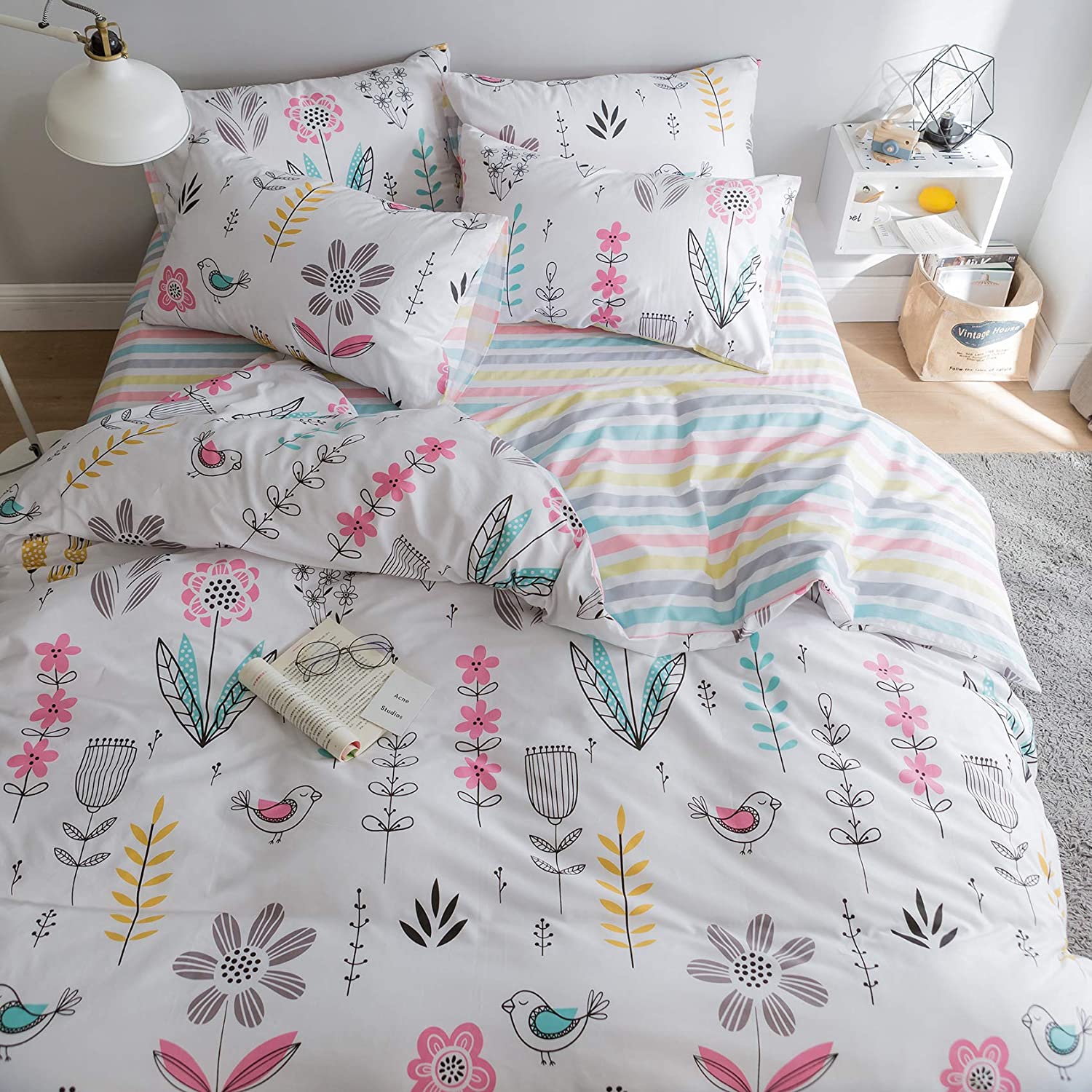 Price:$48.99  Floral Bird Print Pattern Girls Duvet Cover Twin White Premium Cotton Nature Blossom Colorful Reversible Kids Bedroom Comforter Cover Bedding Sets for Teen Toddler,Zipper Closure : Home & Kitchen