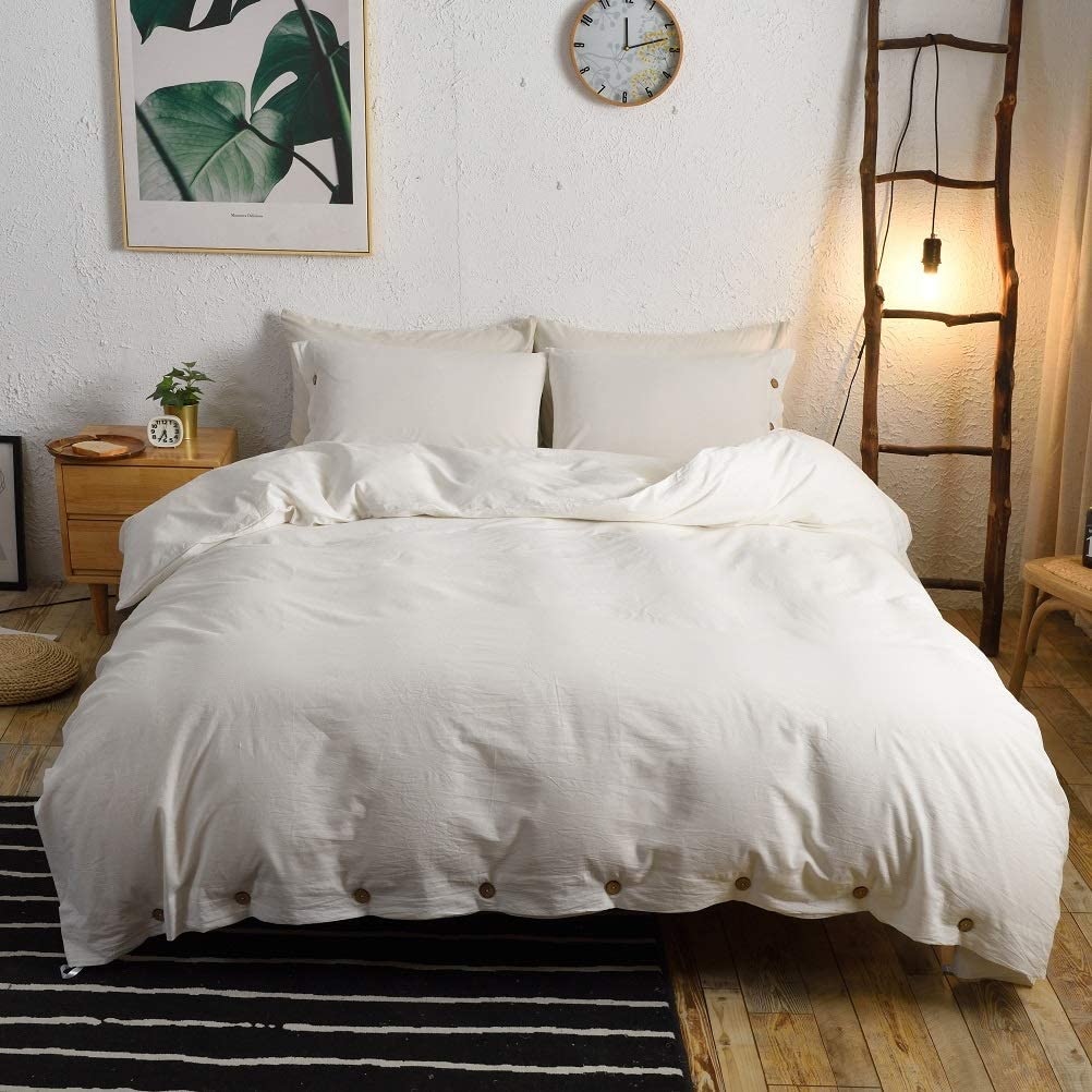 Price:$49.99  3 Pieces White Duvet Cover Queen,100% Washed Cotton Duvet Cover with Button Closure,Ultra Soft Natural Cotton Bedding Set-Queen Size(1 Duvet Cover 2 Pillowcases) : Home & Kitchen