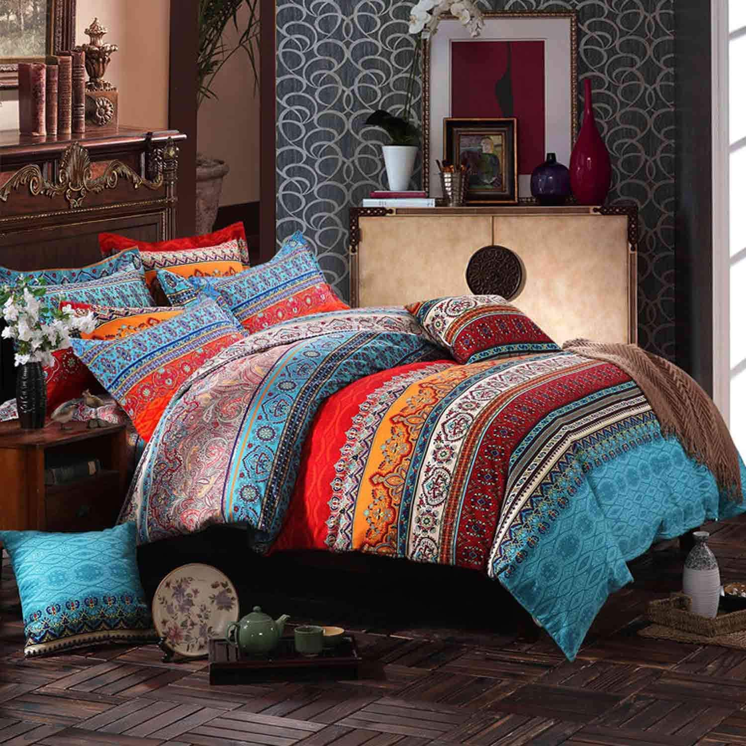 Price:$31.99  King Duvet Cover Set Boho Colorful Retro Striped Print 3pc 104 x 90 Luxury Soft Microfiber Down Comforter Quilt Bedding Cover with Zipper Ties - Bohemian Exotic Style for Men and Women Red Blue : Home & Kitchen
