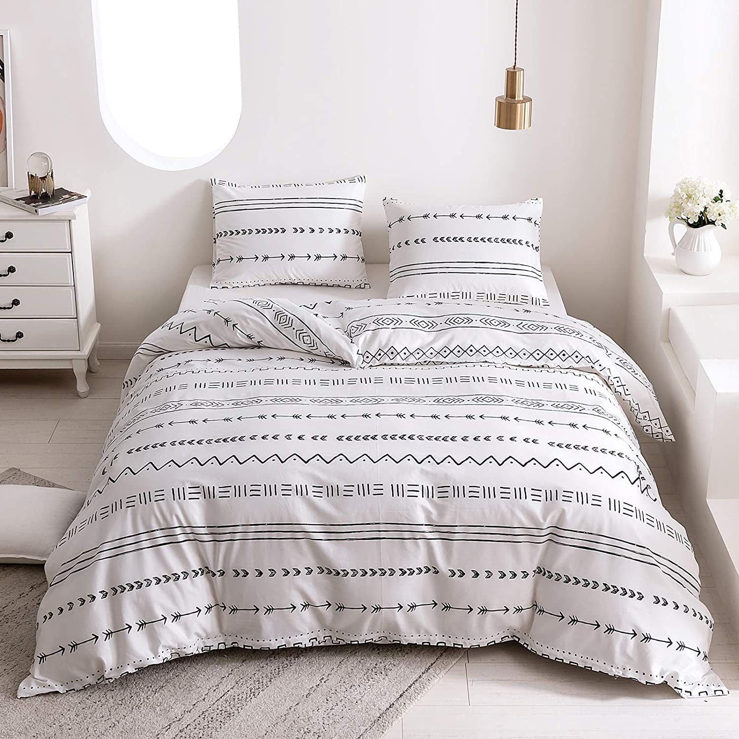 Price:$49.99  100% Cotton Duvet Cover Sets, 3 Piece Black Striped Geometric Printed Bedding Set,White Comforter Cover Sets with Zipper Closure and Corner Ties, Queen Size ( 1 Duvet Cover , 2 Pillowcase ) : Home & Kitchen