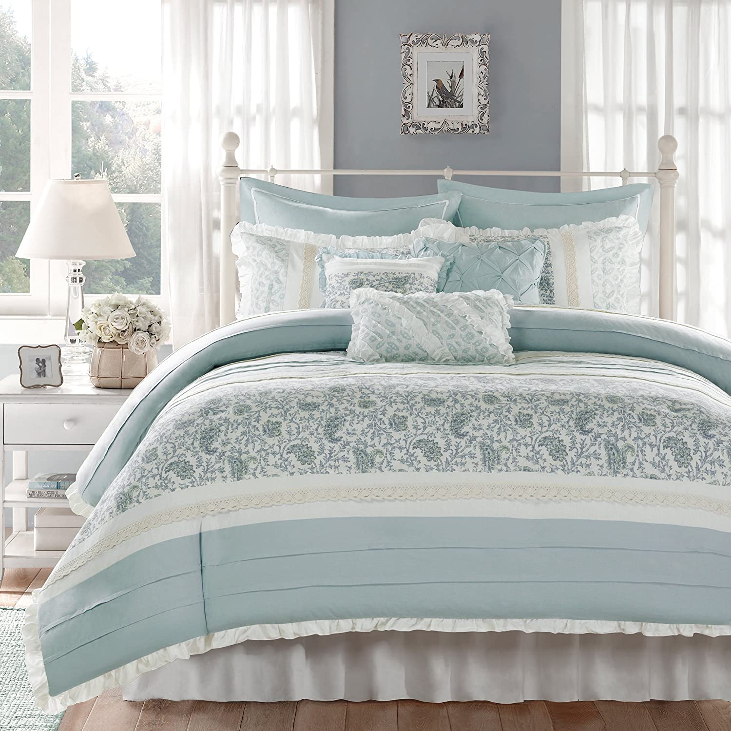 Price:$305.85  Park Dawn Duvet Cover Queen Size - Aqua , Floral Shabby Chic Duvet Cover Set – 9 Piece – 100% Cotton Percale Light Weight Bed Comforter Covers : Home & Kitchen