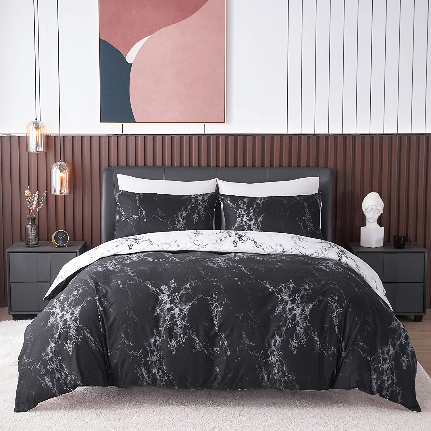 Price:$29.99  Duvet Cover Set with Zipper Closure Ties, Soft Microfiber Black and White  Pattern Double Sided Printing (Queen Size 1 Duvet Cover 2 Pillow Cases) : Home & Kitchen