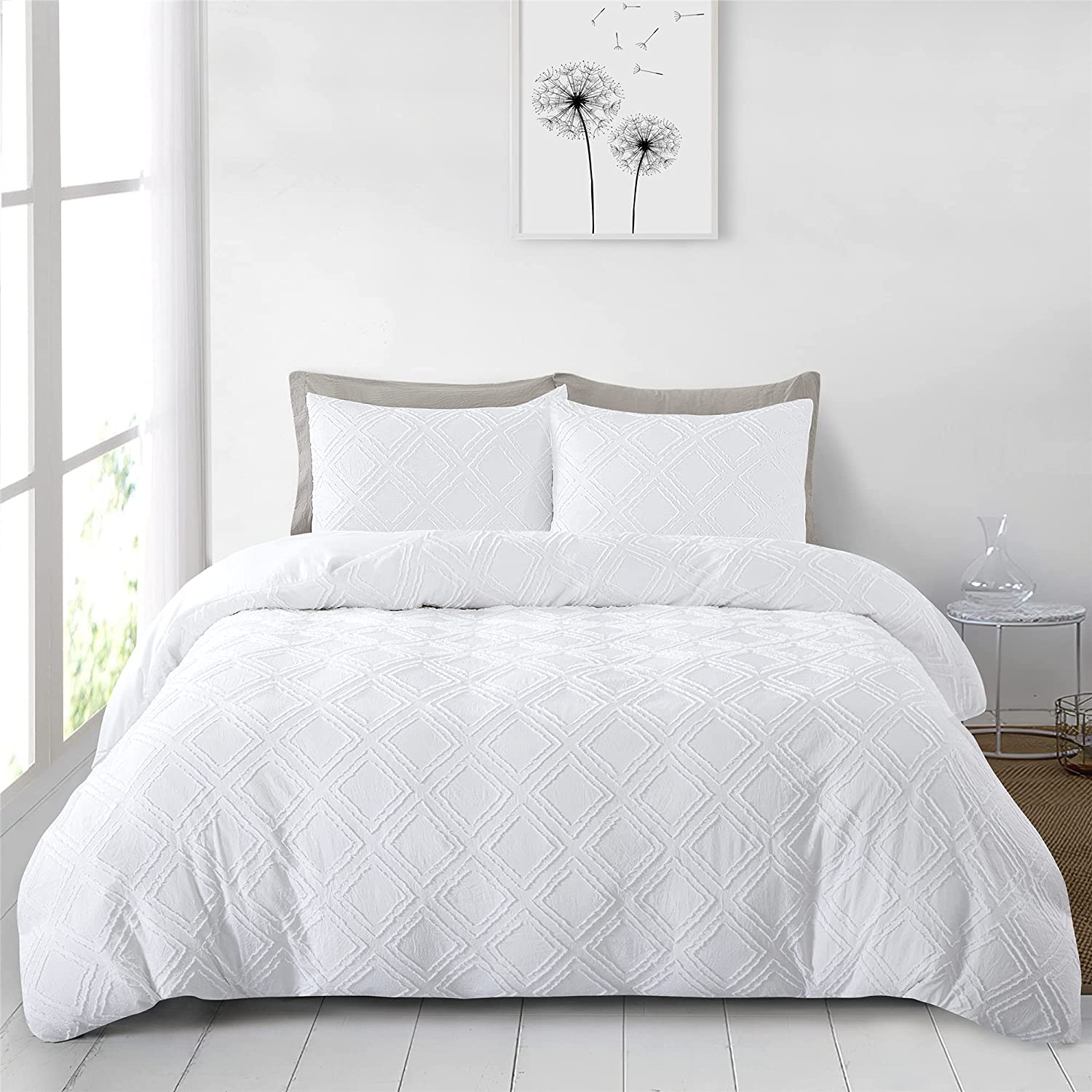 Price:$49.99  Tufted Duvet Cover Set 3 Pieces Geometric Pattern Washed Microfiber Soft Embroidery Shabby Chic Comforter Cover with Zipper Closure Bedding Set King 106"x90" (1 Duvet Cover 2 Pillow Shams) : Home & Kitchen