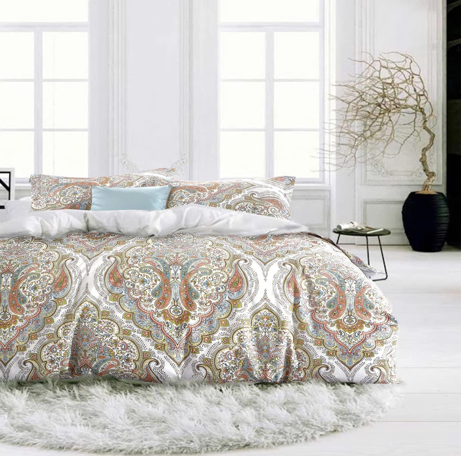 Price:$84.80  Boho Chic Paisley Scroll Duvet Quilt Cover Bohemian Damask Medallion Print Bedding Set 100% Cotton Elegant Moroccan Tapestry Style Design (Queen, Peach) : Home & Kitchen
