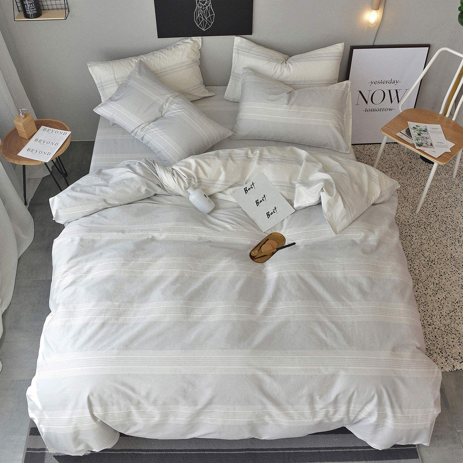 Price:$54.99  Duvet Cover Set King Size 100% Cotton White/Light Gray Printed Striped Style Reversible Design 3Piece Bedding Set (1 Duvet Cover + 2 Pillow Shams) with Zipper Closure Soft Breathable Luxury : Home & Kitchen