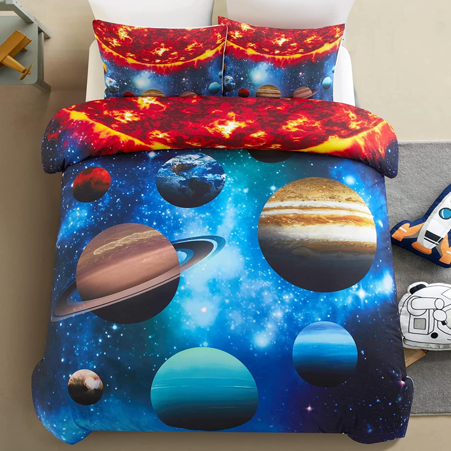 Price:$42.99  Home Galaxy Space Kids Duvet Cover Sets Full Size, 3D Planets Pattern Duvet Cover for Boys Girls, 3 Pcs Universe Kid Bedding Sets Blue and White, 1 Duvet Cover + 2 Pillowcases, 80x90 inches : Home & Kitchen