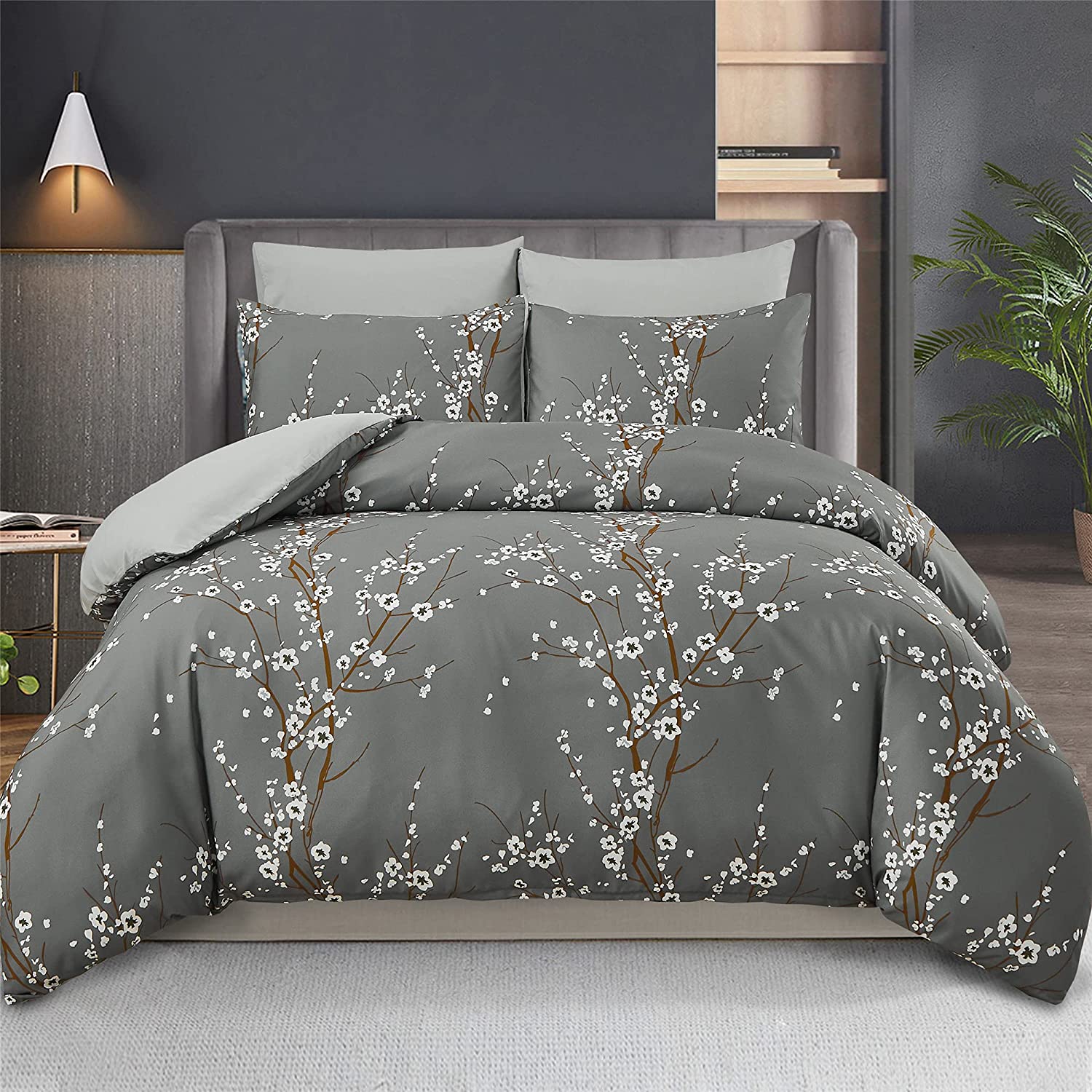 Price:$32.99  Branches Duvet Cover King Size, 3 Piece Grey Floral Duvet Cover Set, Soft Premium Microfiber Duvet Covers for All Seasons, 1 Duvet Cover and 2 Pillow Cases(Grey,King) : Home & Kitchen