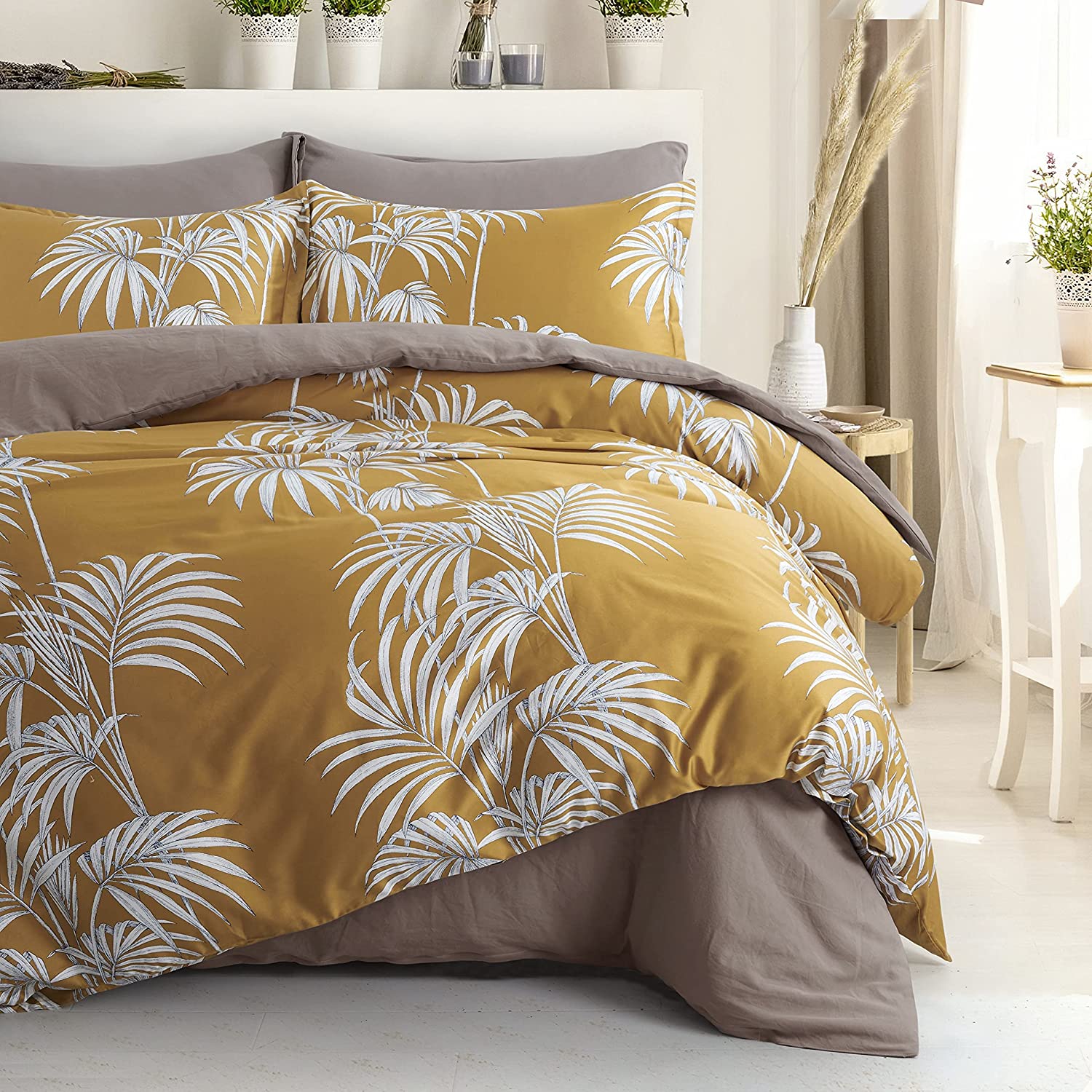 Price:$124.80  Blue Botanical Print Duvet Quilt Cover Egyptian Cotton Bedding Set Modern Luxury Minimal Palm Leaf Dark Charcoal Navy Ocher Floral Watercolor Design 120x98 (Mustard Yellow, Super King) : Home & Kitchen