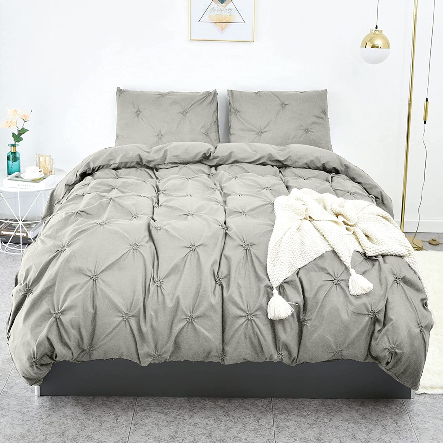 Price:$25.49  Duvet Cover Cal King, Grey Soft Duvet Cover Set, Farmhouse Textured Comforter Cover Hotel Pintuck Bedding Duvet Cover 3 Pieces : Home & Kitchen