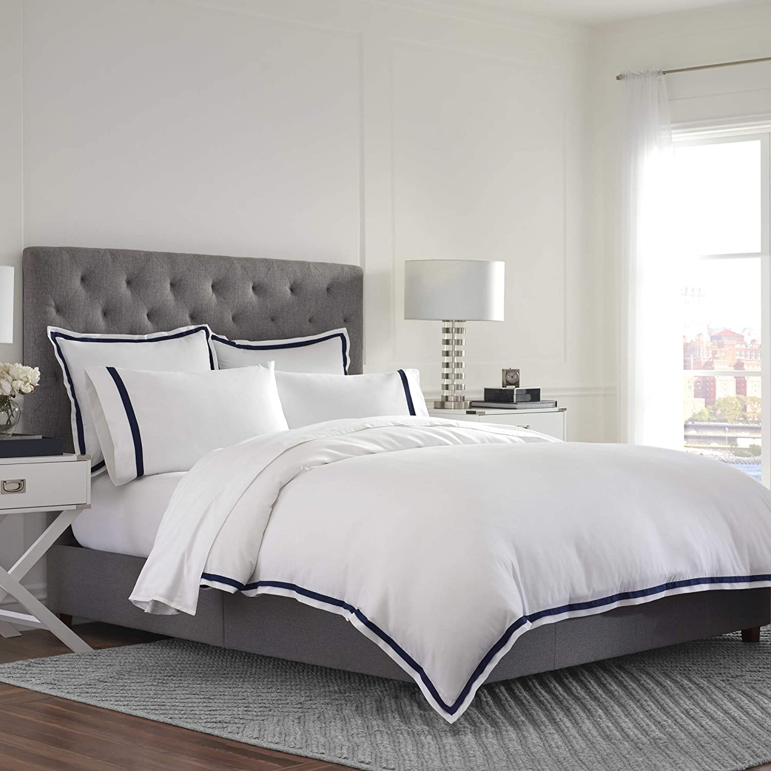 Price:$48.66  2000 Series Ultra-Soft Microbrushed Duvet Cover Set, Full/Queen, White/Navy : Home & Kitchen