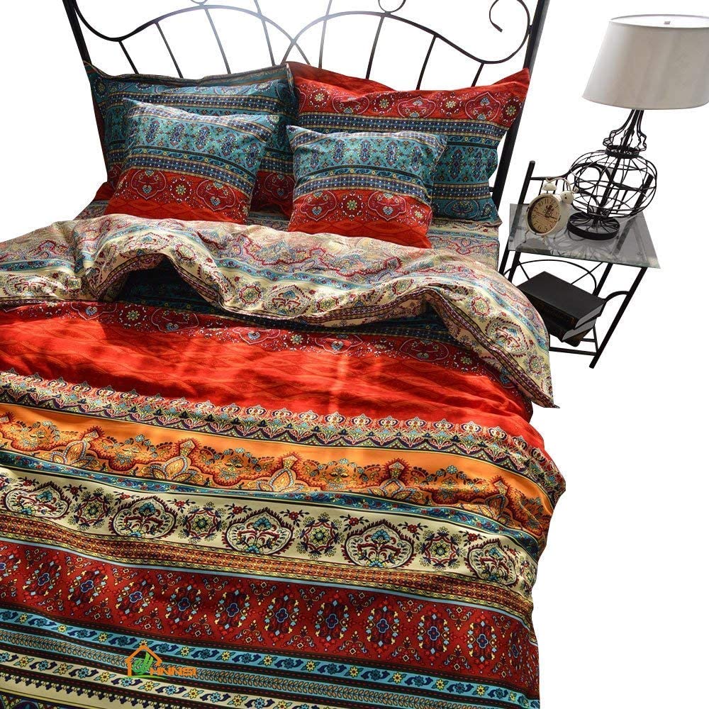 Price:$34.99  Brushed Cotton Bohemian Duvet Cover and Fitted Sheet Sets Queen Size 4 Pieces, Bohemia Exotic Striped Bedding Sets, Boho Comforter Cover Sets,NO Comforter (Fitted Sheet Sets, Queen) : Home & Kitchen