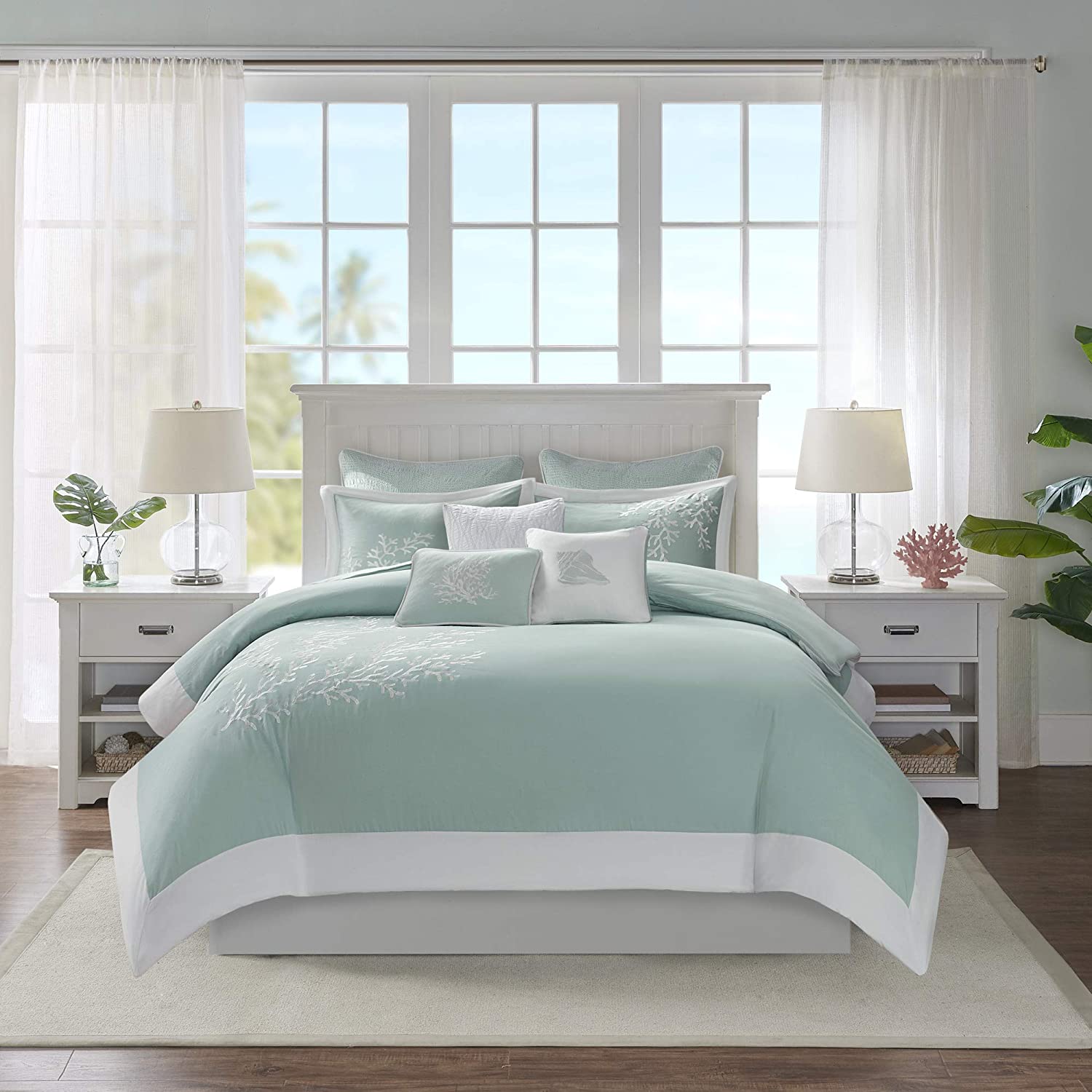 Price:$120.27  House Coastline Duvet Cover Full/Queen Size - Blue , Jacquard Coastal Coral Duvet Cover Set – 3 Piece – 100% Cotton Light Weight Bed Comforter Covers : Home & Kitchen