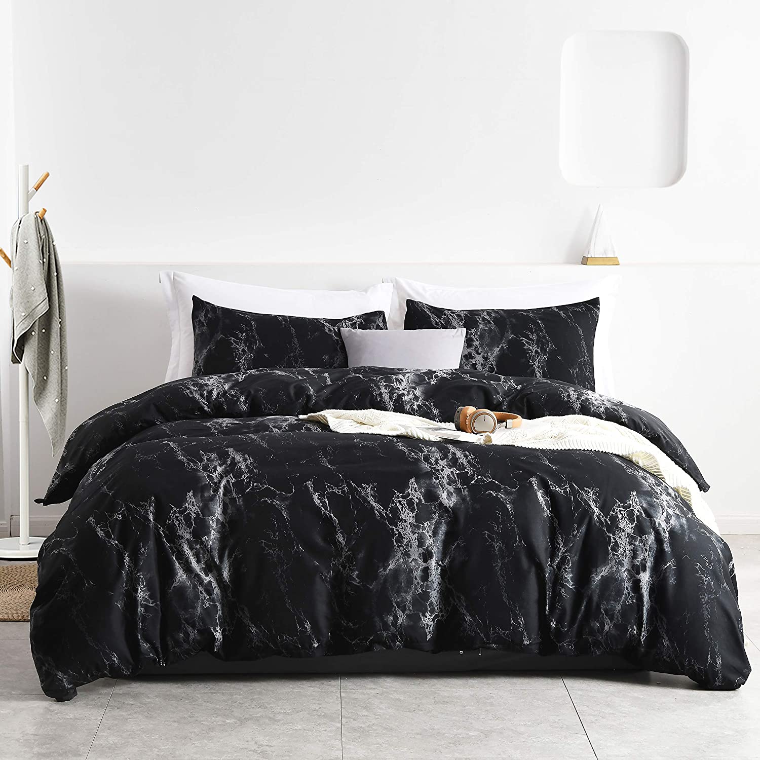 Price:$29.99  Black Marble Duvet Cover Queen Comforter Cover Set Full 90"x90" Duvet Cover with 2 Pillow Shams Soft Lightweight Hotel 3Pieces Bedding Set(Black,Queen) : Home & Kitchen