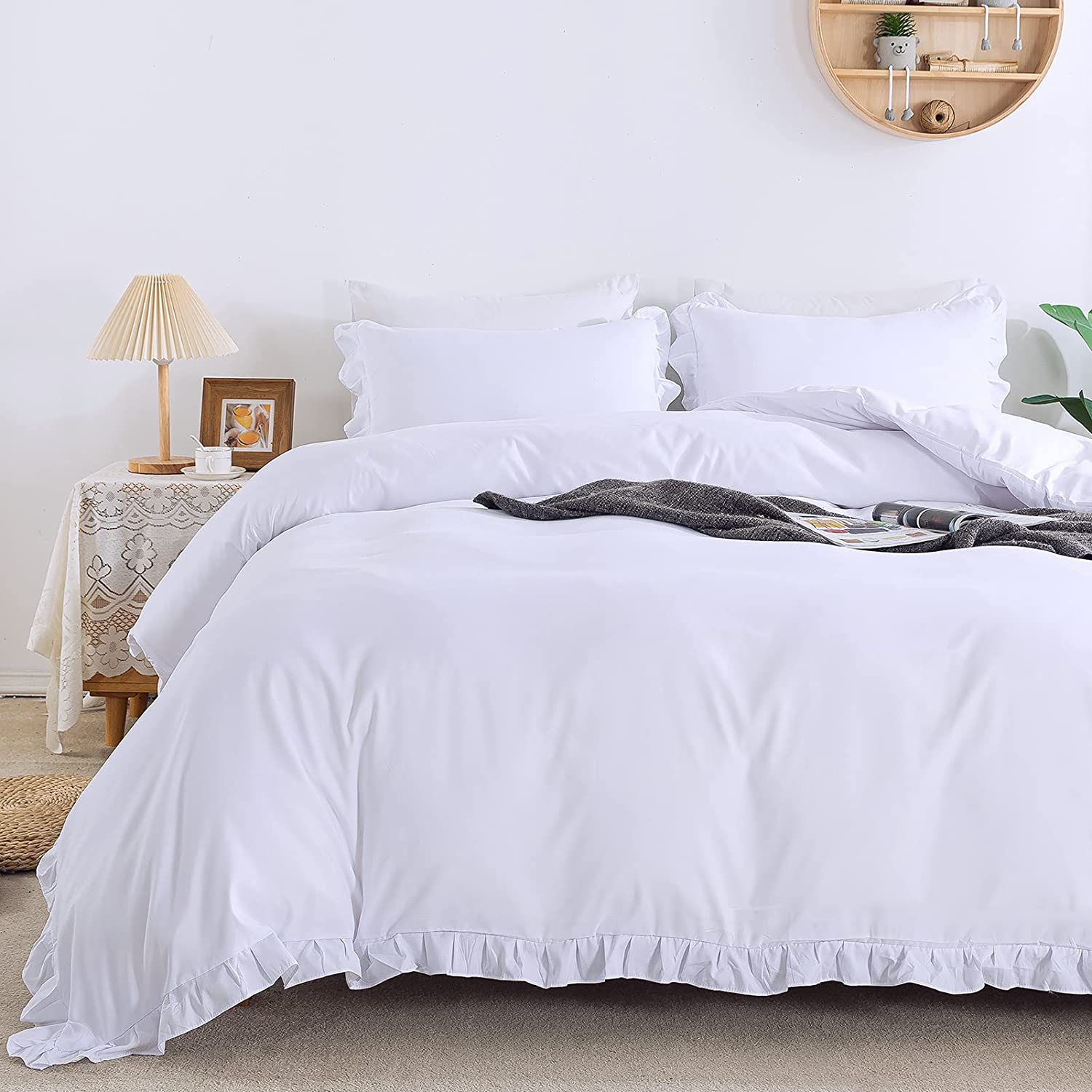 Price:$35.99  White Ruffle Duvet Cover Full(79x90Inch), 3 Pieces(1 Ruffled Duvet Cover and 2 Pillowcases) Farmhouse Shabby Chic Duvet Cover, Soft Microfiber Duvet Cover Set with Zipper Closure, Corner Ties : Home & Kitchen