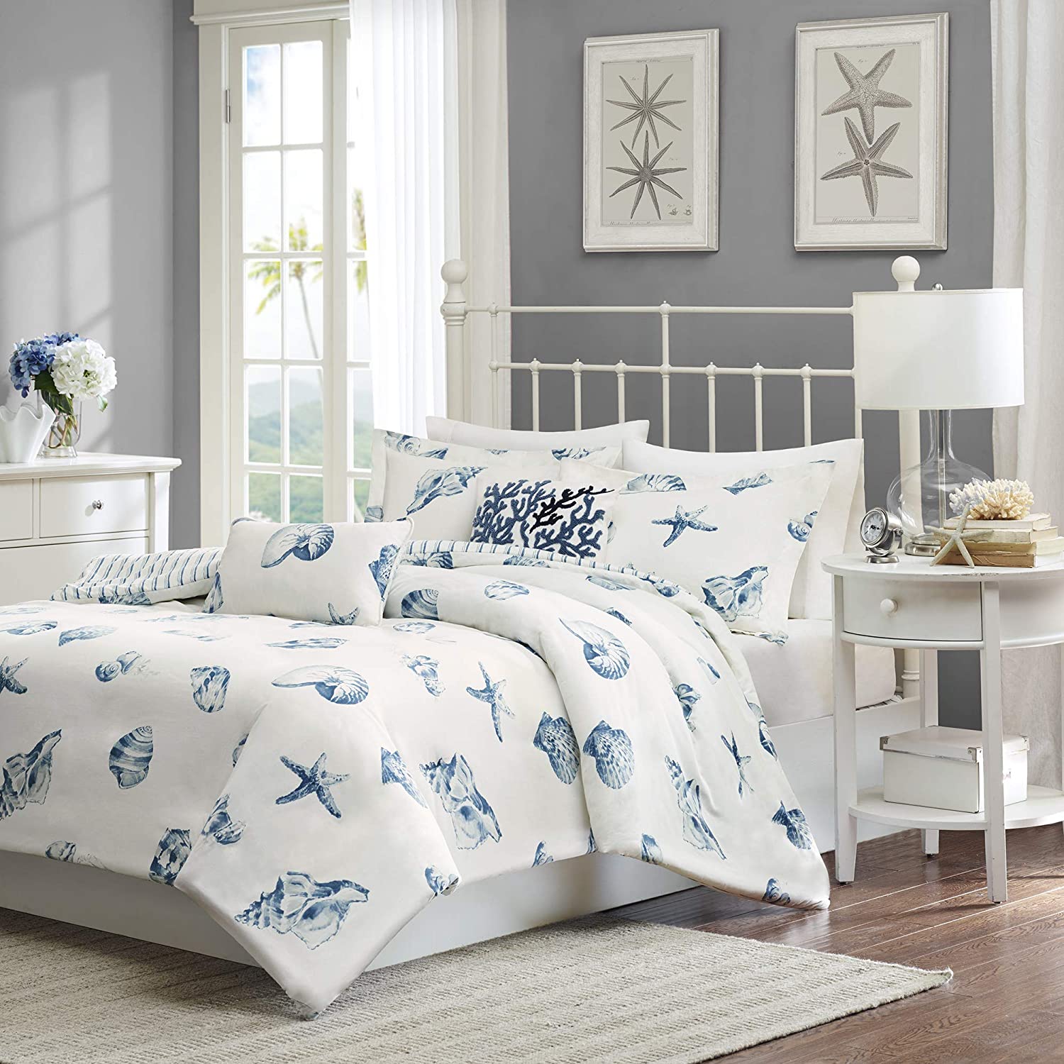 Price:$52.99  House Beach House Duvet Cover Twin Size - Blue, Ivory , Seashells Duvet Cover Set – 2 Piece – 100% Cotton Light Weight Bed Comforter Covers : Home & Kitchen