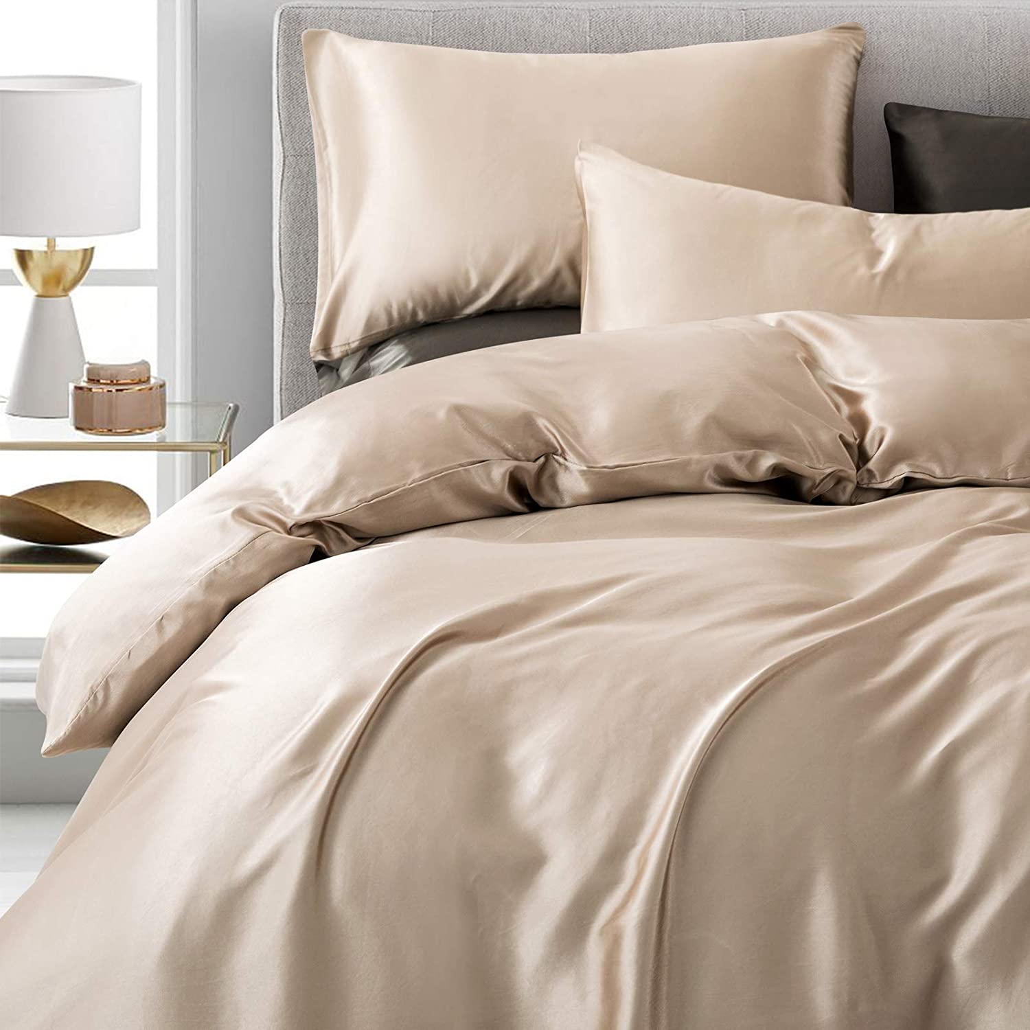 Price:$34.99  3-Pieces Satin Duvet Cover Set King Size Taupe Silk Like Satin Bedding Set with Zipper Closure (1 Duvet Cover + 2 Pillowcases) : Home & Kitchen