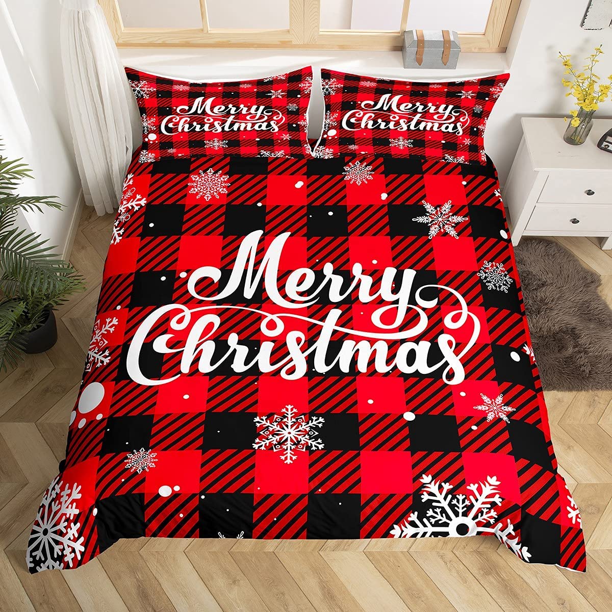 Price:$45.00  Red Black Plaid Duvet Cover Set Queen Size Merry Christmas Bedding Set 3pcs for Kids Boys Teens Western New Year Theme Comforter Cover White Snowflake Print Quilt Cover with 2 Pillowcases : Home & Kitchen