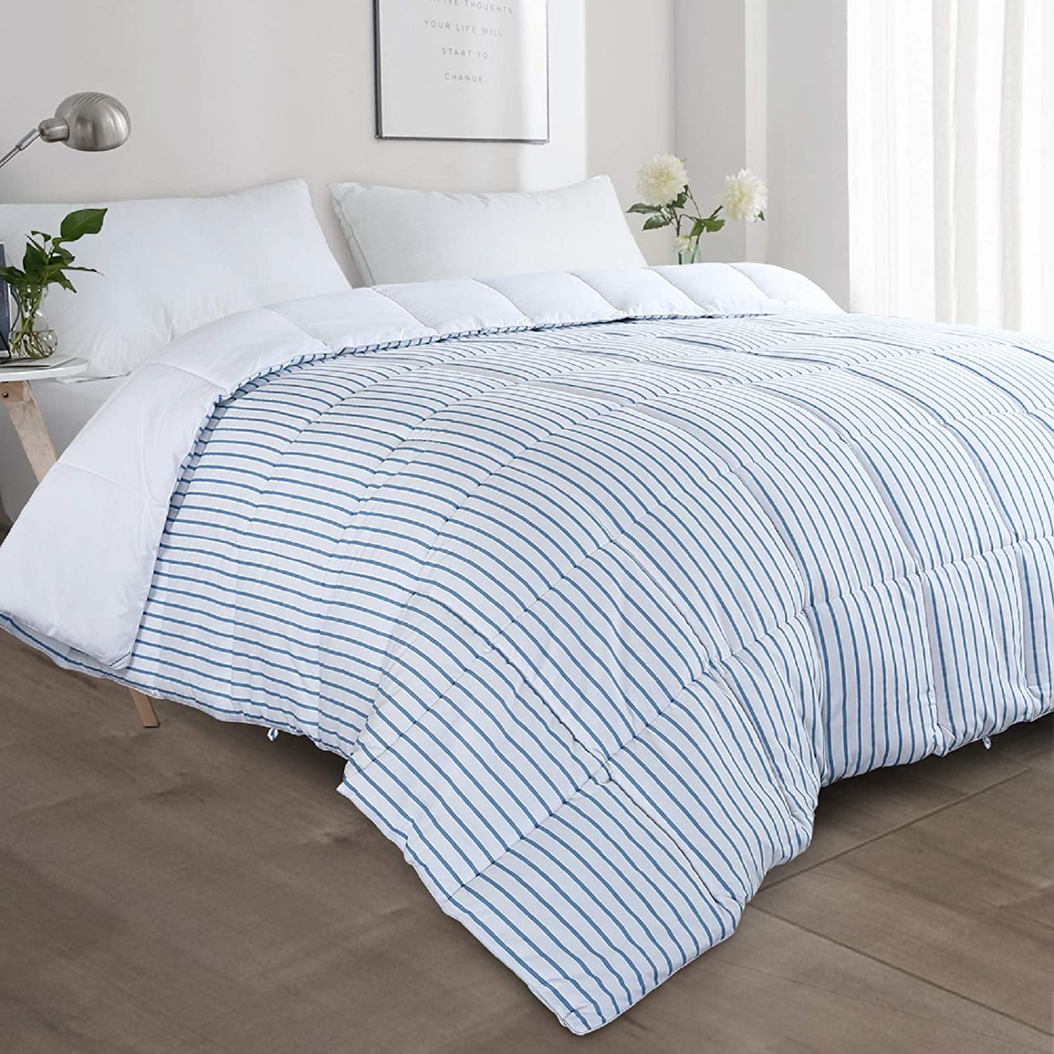 Price:$45.99  HARBOR Queen/Full Size Reversible Down Alternative Quilted Comforter, All Season Duvet Insert Fluffy Lightweight Bed Comforters with Corner Tabs Blue Striped White : Home & Kitchen