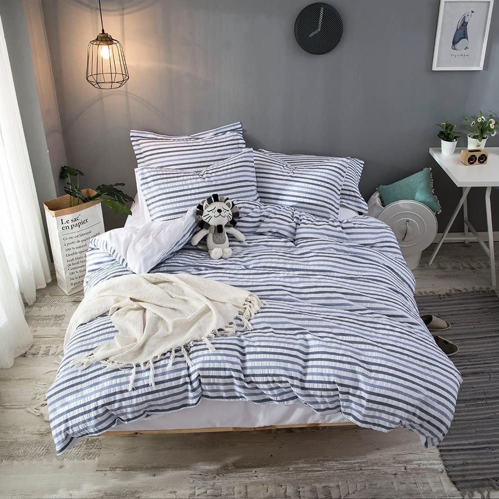 Price:$69.99  Seersucker Duvet Cover Set King,100% Cotton Woven Seersucker Stripe Bedding Set,3 Pieces (1 Comforter Cover with 2 Pilowwshams)- Blue King : Home & Kitchen