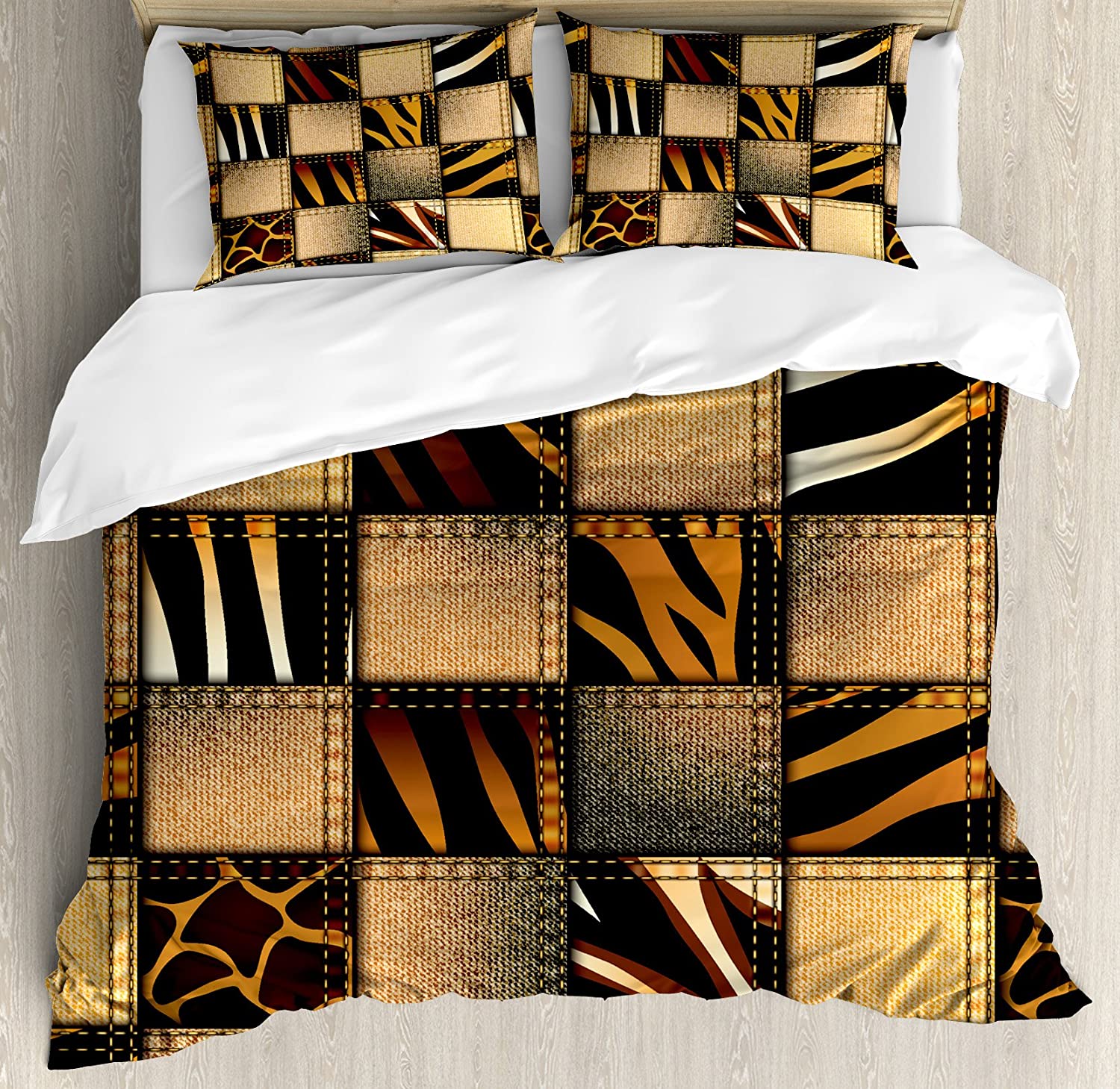 Price:$89.99  Safari Duvet Cover Set, Jeans Denim Patchwork in Safari Style Wilderness Design Art Print, Decorative 3 Piece Bedding Set with 2 Pillow Shams, King Size, Brown Black : Home & Kitchen