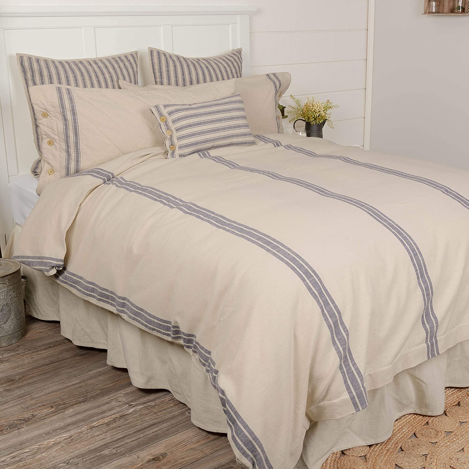 Price:$139.99  Classics Market Place Blue Grain Sack Stripe Duvet Cover, Queen Size, 92" x 92", Blue & Natural Cream, Modern Farmhouse Bedding : Home & Kitchen