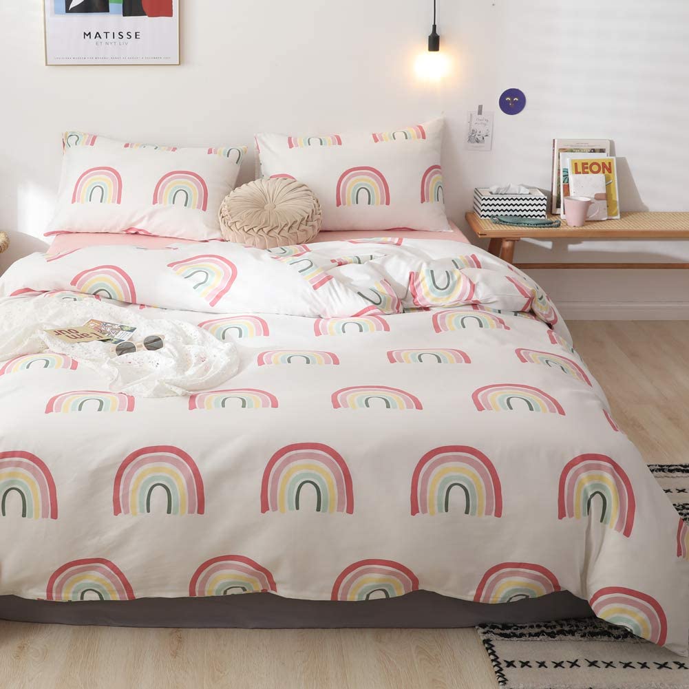 Price:$57.69  Rainbow Kids Duvet Cover Set Queen, 100% Cotton Bedding, Cartoon Rainbow Cloud Pattern Printed on White Reversible, 1 Adorable Comforter Cover Full and 2 Pillowcases for Kids Teens Boys Girls : Home & Kitchen