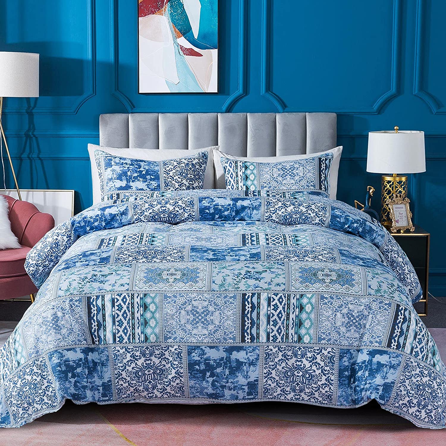 Price:$39.89  Duvet Cover Twin,Washed Cotton Duvets Cover Sets, Reversible Comforter Cover,Blue Classic Bohemian Pattern : Home & Kitchen