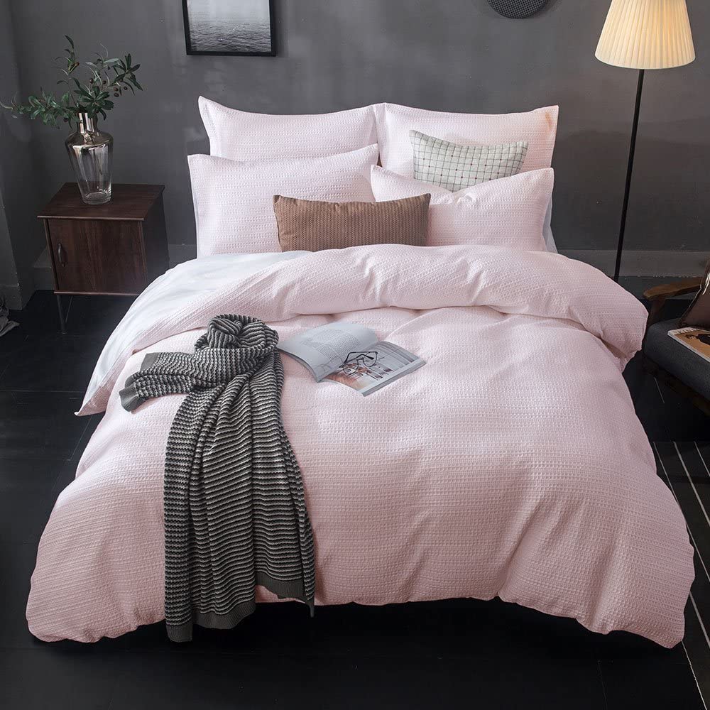 Price:$69.99  Cotton Duvet Cover Set,100% Cotton Sand Washed Waffle Weave Bedding Set,3 Pieces(1 Duvet Cover with 2 Pillowshams) - King - Light Pink : Home & Kitchen
