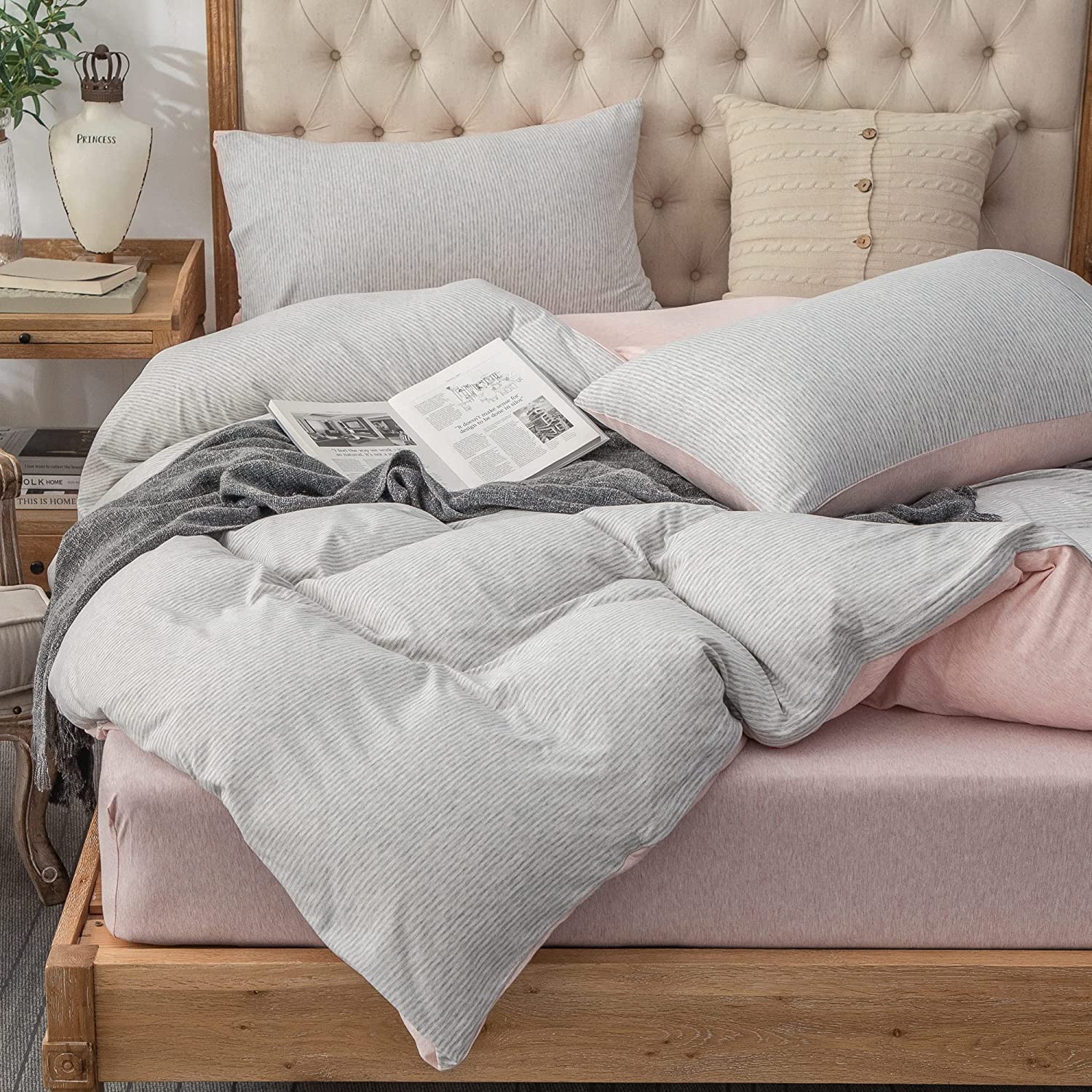 Price:$69.99  ERA Jersey Knit Duvet Cover Set 100% T-Shirt Heather Cotton Super Soft Comfy Classic Striped Design, with Zipper Closure, Grey Pink Pinstripe, Twin : Home & Kitchen